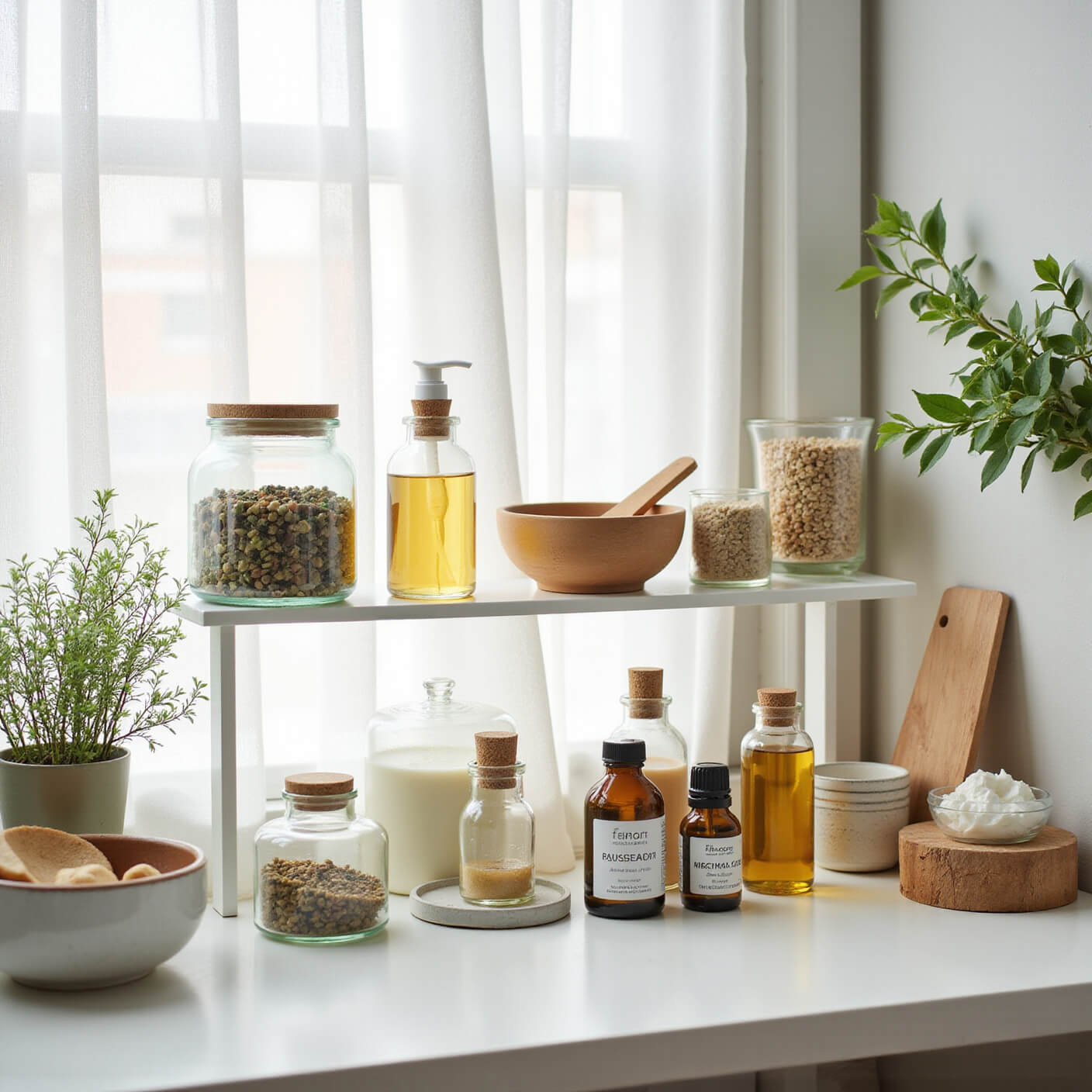 Bright, modern vanity workspace with organized natural skincare ingredients in glass containers, ceramic bowls, wooden tools, and labeled bottles on white shelves, highlighted by morning light and fresh herbs.