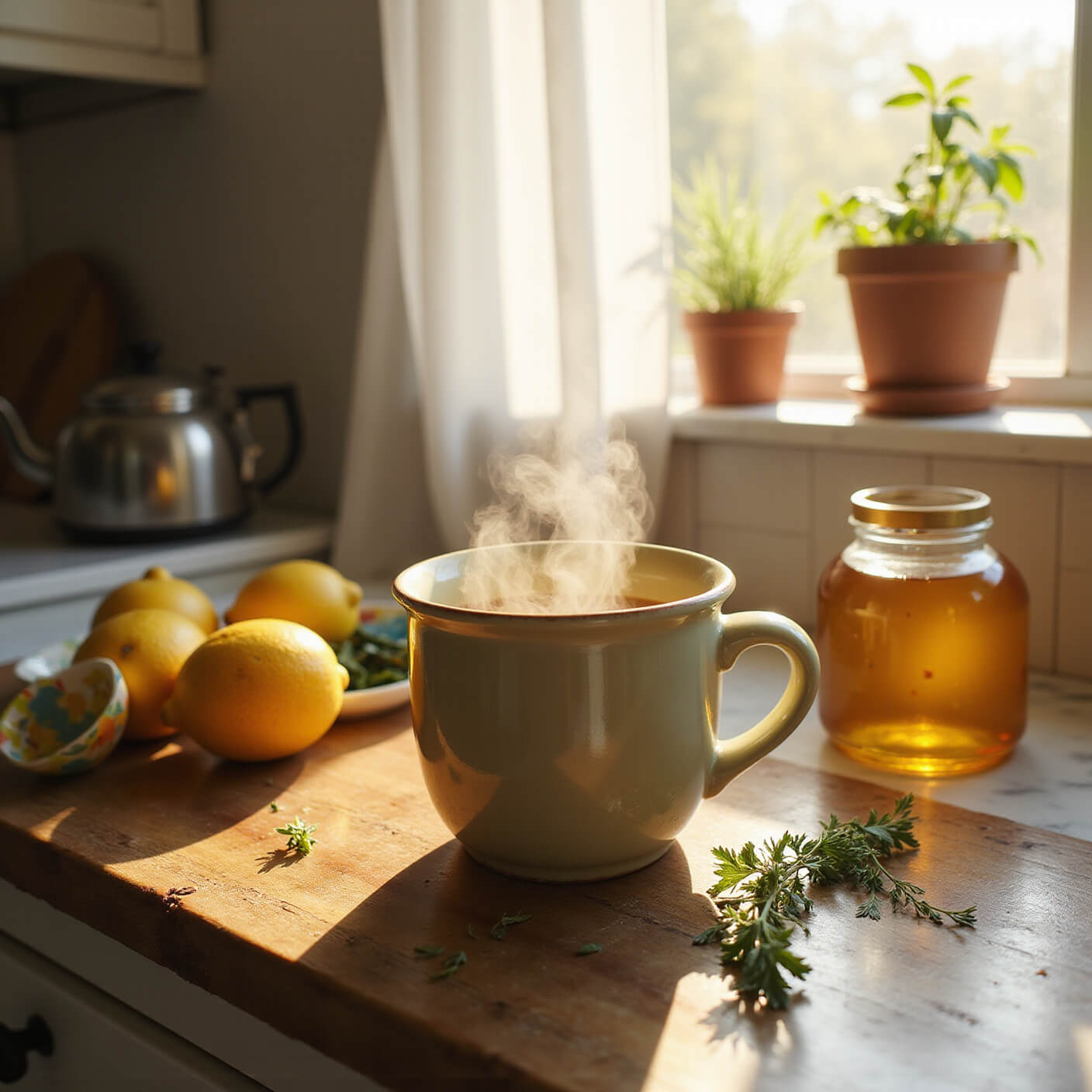 Steaming honey-lemon tea in a ceramic mug on a rustic counter, surrounded by fresh lemons, honey, herbs, and a child's colorful cup, with golden-hour sunlight streaming through gauzy curtains in a cozy, vintage kitchen.
