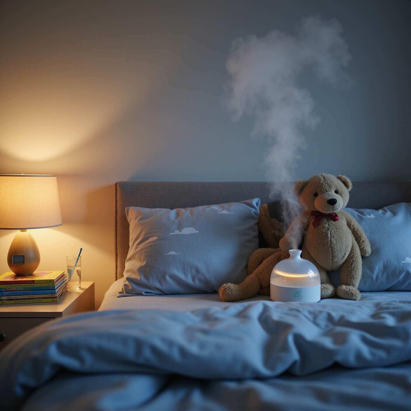 A cozy child's bedroom featuring a modern humidifier emitting cool mist, warm lamplight, a tidy bedside table with water, books, and a thermometer, and plush blue-gray bedding with a stuffed animal against cloud-patterned pillows.