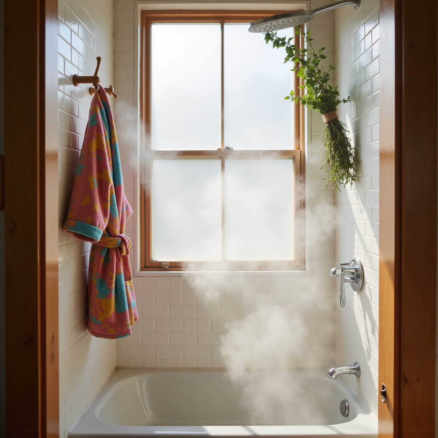 Steamy, sunlit bathroom with frosted window, children's colorful bathrobe on bamboo hook, eucalyptus branches by shower, and modern white tiles with wooden accents.