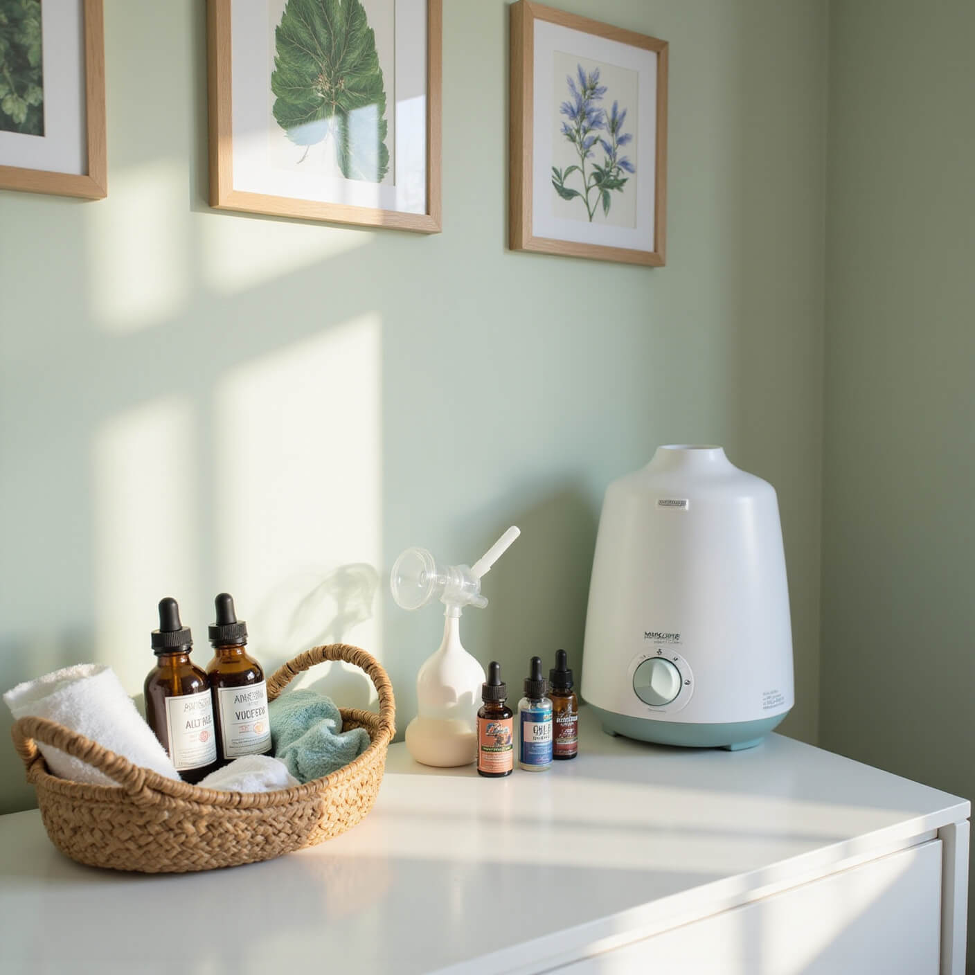Organized nursery wellness station with saline drops, suction bulb, humidifier, natural remedies, and woven basket on sleek dresser, against sage green walls with botanical prints.