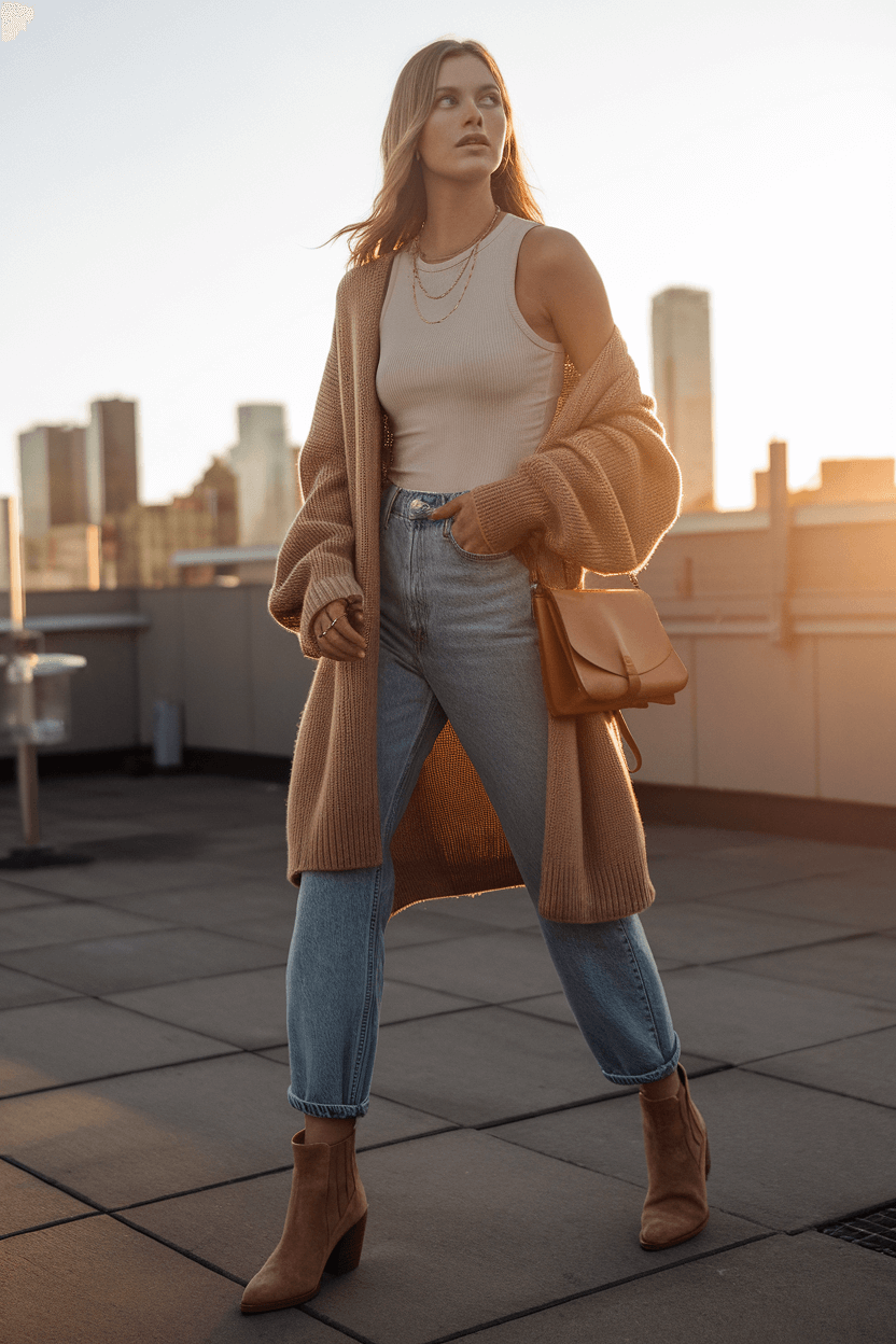 Woman layering stylishly on a city rooftop at golden hour, wearing an ivory tank, oatmeal cardigan, vintage jeans, gold jewelry, brown crossbody bag, and cream ankle boots, glowing in warm sunset light.