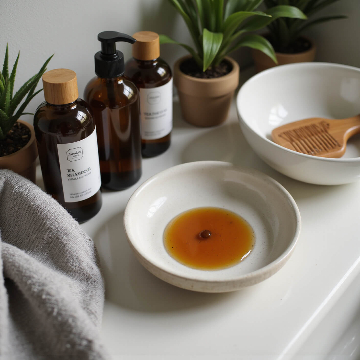 Flat lay of a serene bathroom vanity at dusk with tea tree oil drops, natural shampoo bottles, bamboo comb, porcelain mixing bowl, soft grey Turkish towel, and small indoor plants.
