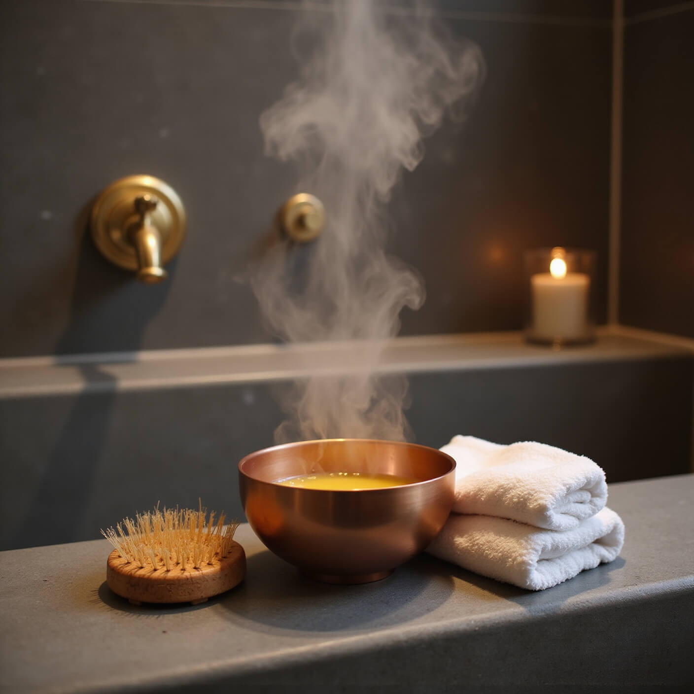 Warmly lit bathroom with a copper bowl of melted coconut oil, white towels, a natural bristle scalp brush, brass fixtures, grey stone tiles, and subtle steam in the background.
