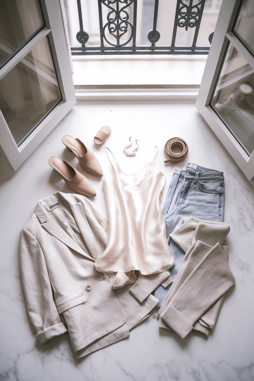 Fashion blogger arranging neutral-toned clothing and accessories on a white marble floor in a sunlit studio apartment with French doors and a small balcony, captured overhead with a wide-angle lens.