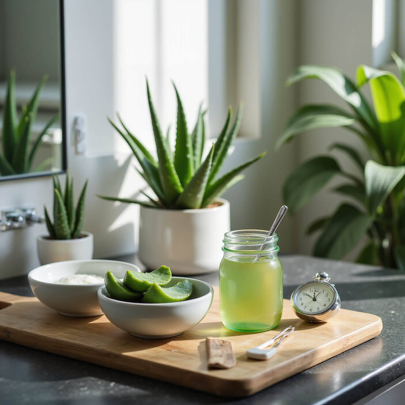 A modern bathroom counter with aloe vera treatment setup, featuring fresh aloe leaves, ceramic bowls, a glass jar of gel, and a bamboo tray with tools, all bathed in afternoon light against minimalist white walls and greenery.