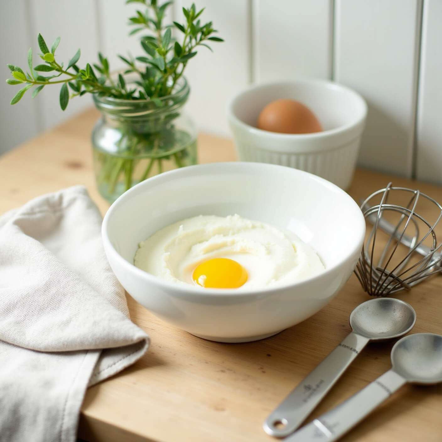 White ceramic bowl with yogurt and a cracked egg on a pale wooden counter, surrounded by measuring spoons, a vintage whisk, and a linen napkin, softly lit by morning light with fresh herbs in a vase nearby.