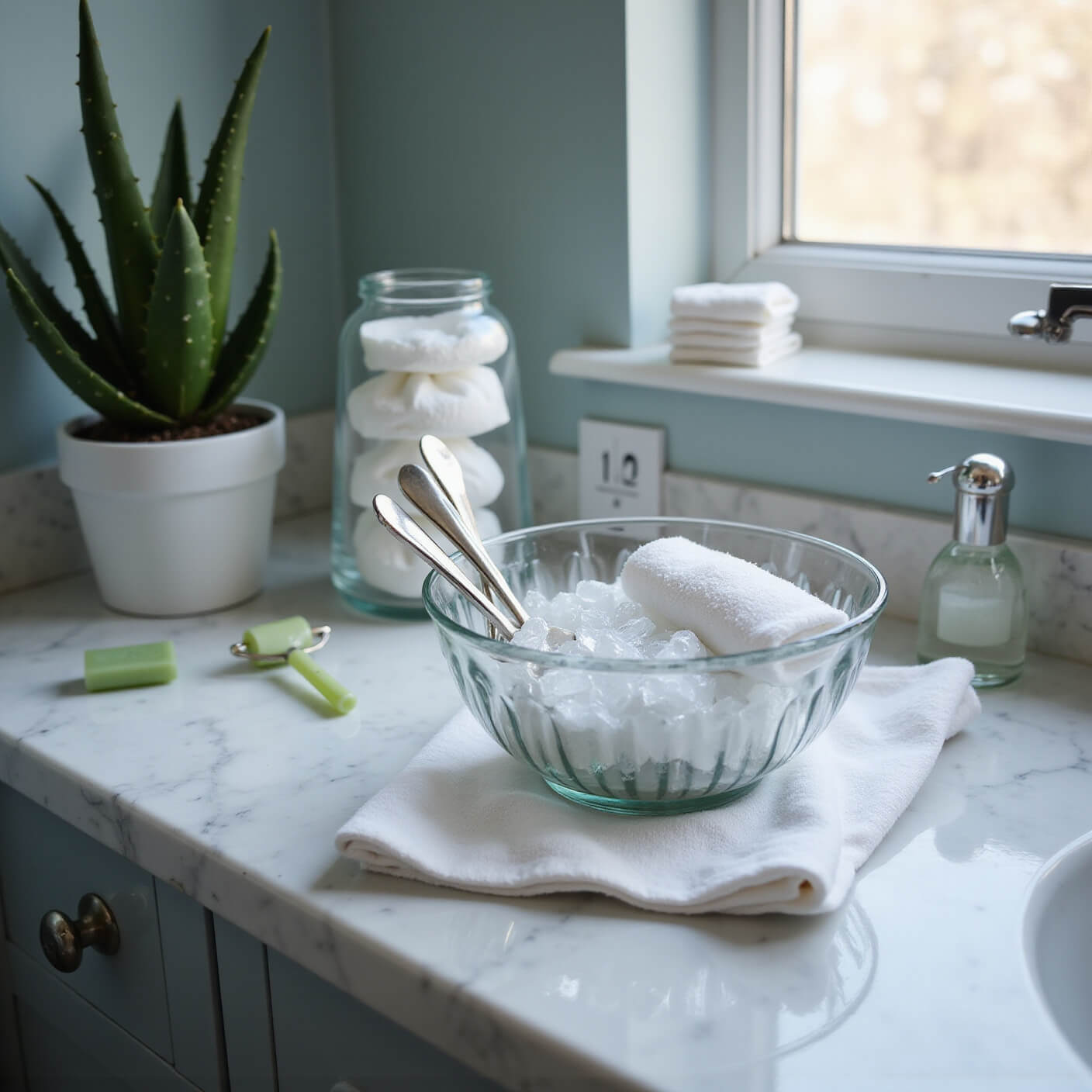 Elegant bathroom counter with marble surface, glass bowl of chilled silver spoons and white washcloths on ice, skincare essentials, aloe plant, and soft morning light.