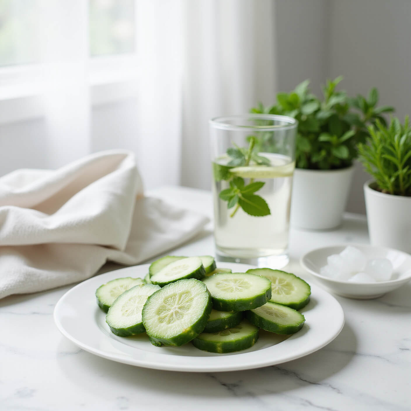 Fresh cucumber slices on a ceramic plate in a bright, minimalist kitchen with marble island, mint water pitcher, ice bowl, and soft afternoon light.