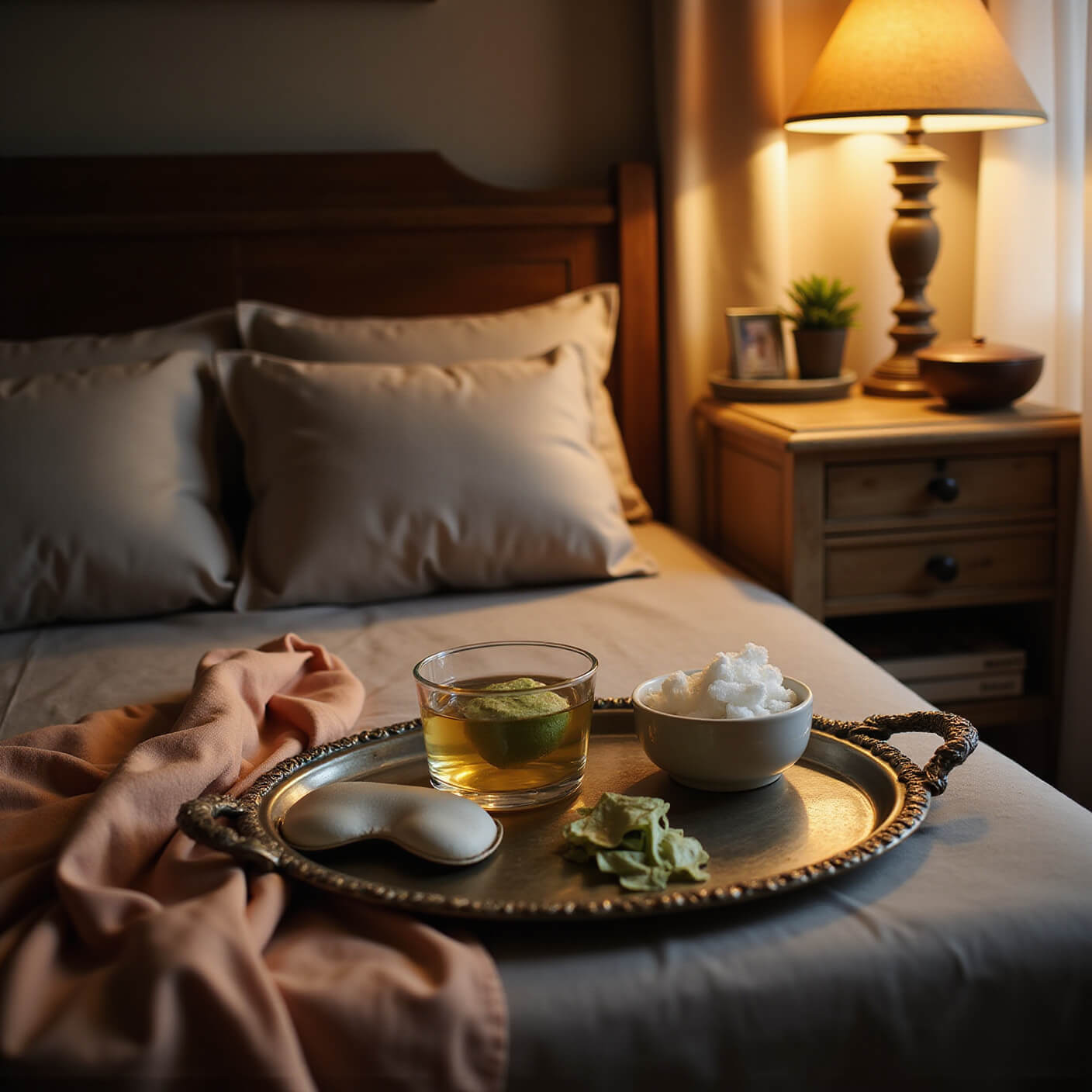 Warmly lit bedroom corner with antique tray holding tea, ice bowl, cotton rounds, silk eye mask on wooden table, and essential oil diffuser misting softly in golden hour light.