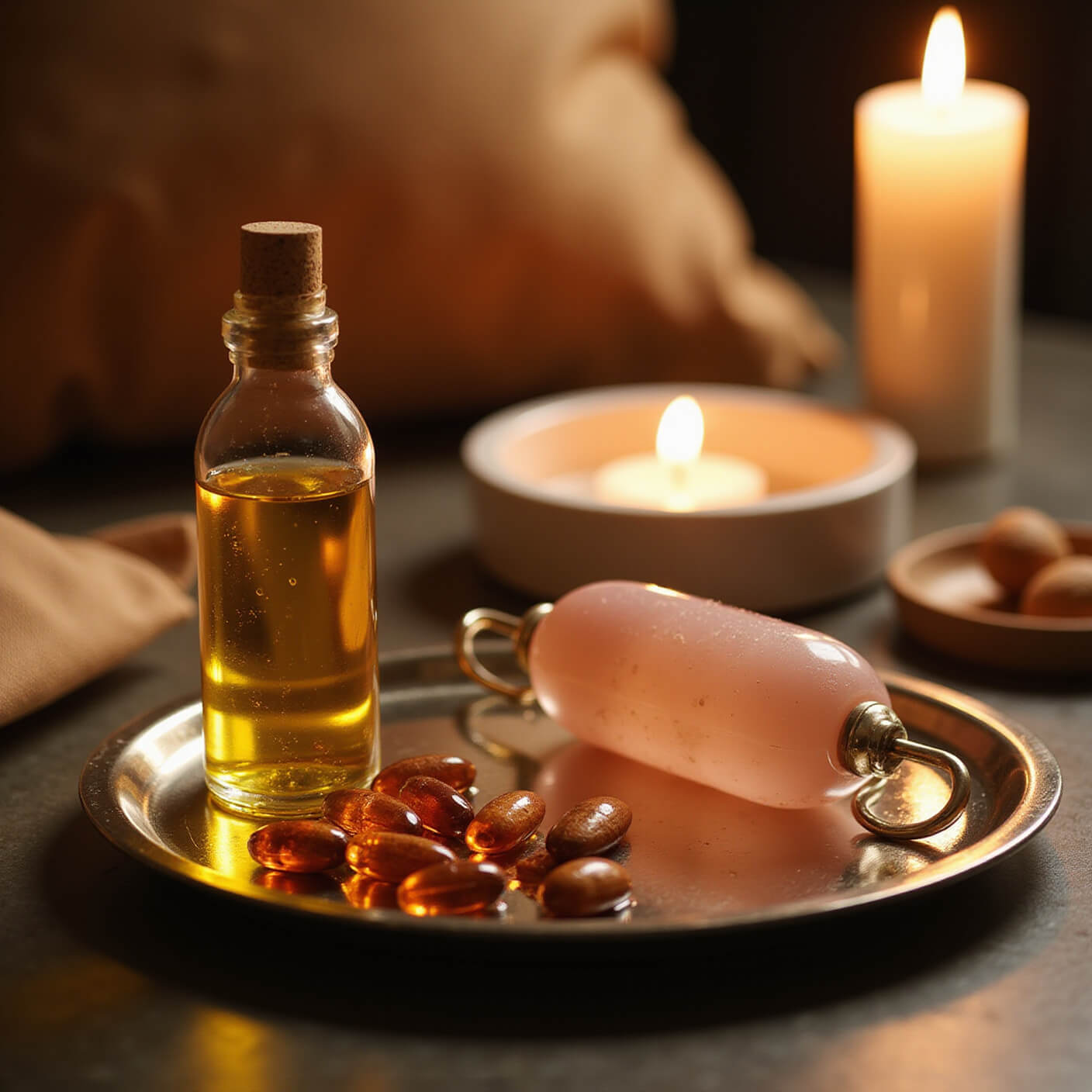 Modern vanity scene with glass almond oil bottle, vitamin E capsules, and rose quartz roller on mirrored tray, softly lit by LED candle with silk pillowcase in background.