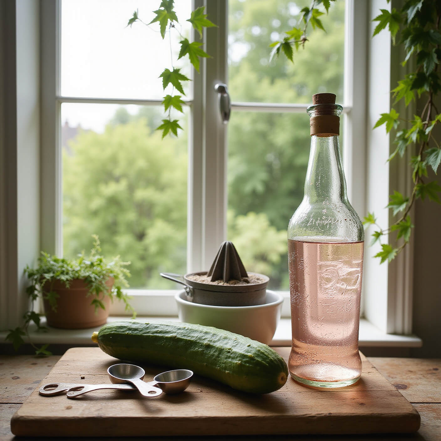 Sunlit kitchen garden window with fresh cucumber, rose water bottle, vintage juicer, measuring spoons, and ceramic bowl on rustic cutting board; trailing ivy and bright morning light enhance the scene.