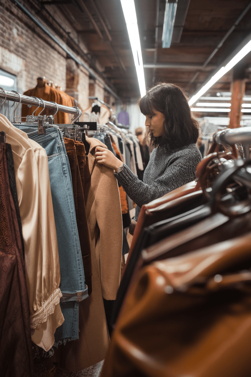 Young woman browsing a vintage thrift store with exposed brick walls, pulling a camel coat from racks of curated secondhand clothing under warm industrial lighting.