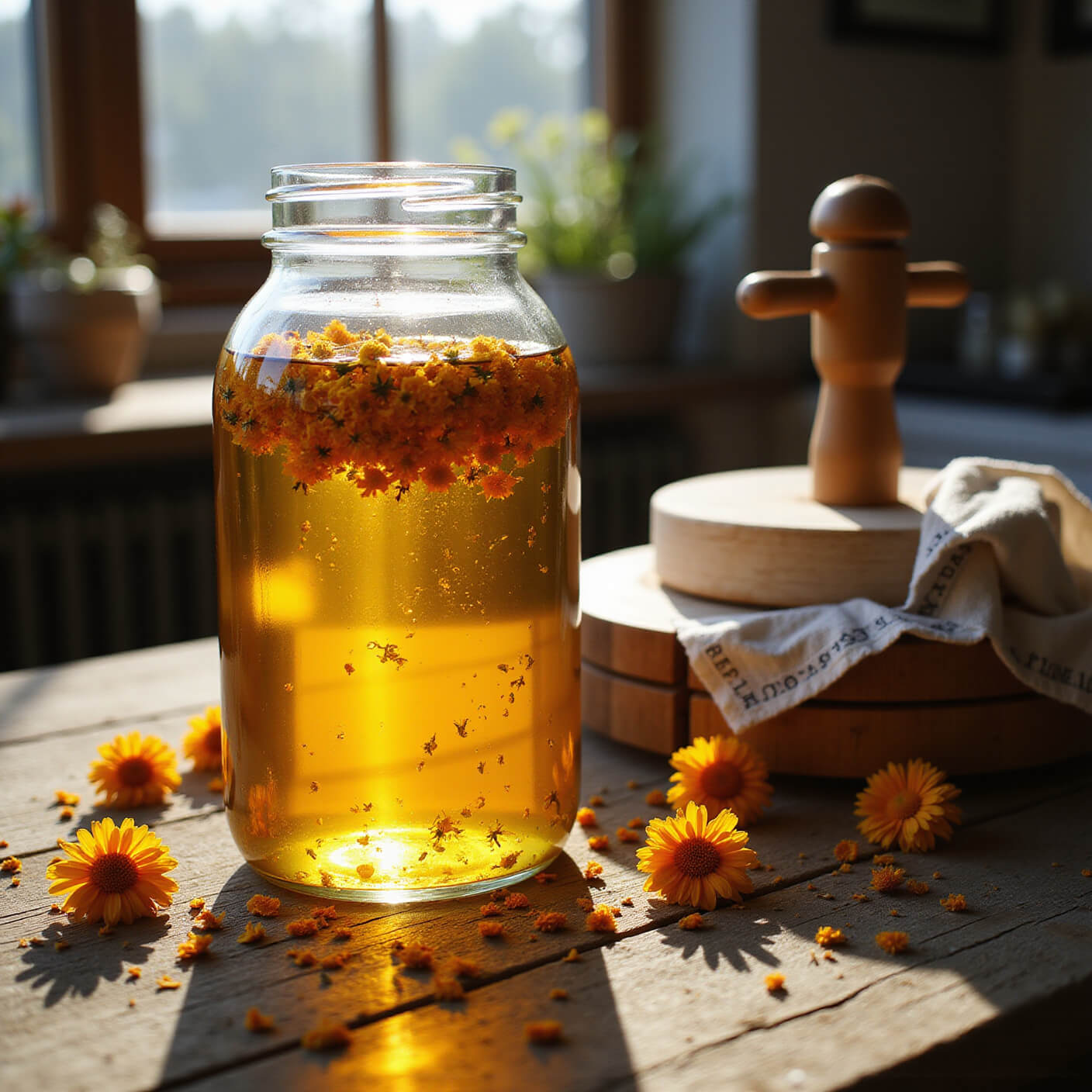 Close-up of a glass jar with calendula-infused oil glowing in golden hour sunlight on a rustic wooden table, surrounded by cheesecloth, a wooden press, spare labeled jars, and dried flowers.