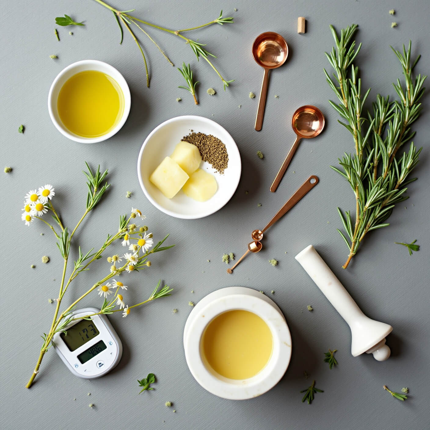 Flat lay of herbal remedy salve-making process on matte gray stone surface with bowls of beeswax pellets, rose gold measuring spoons, fresh herbs, marble pestle, and digital scale in soft natural light.