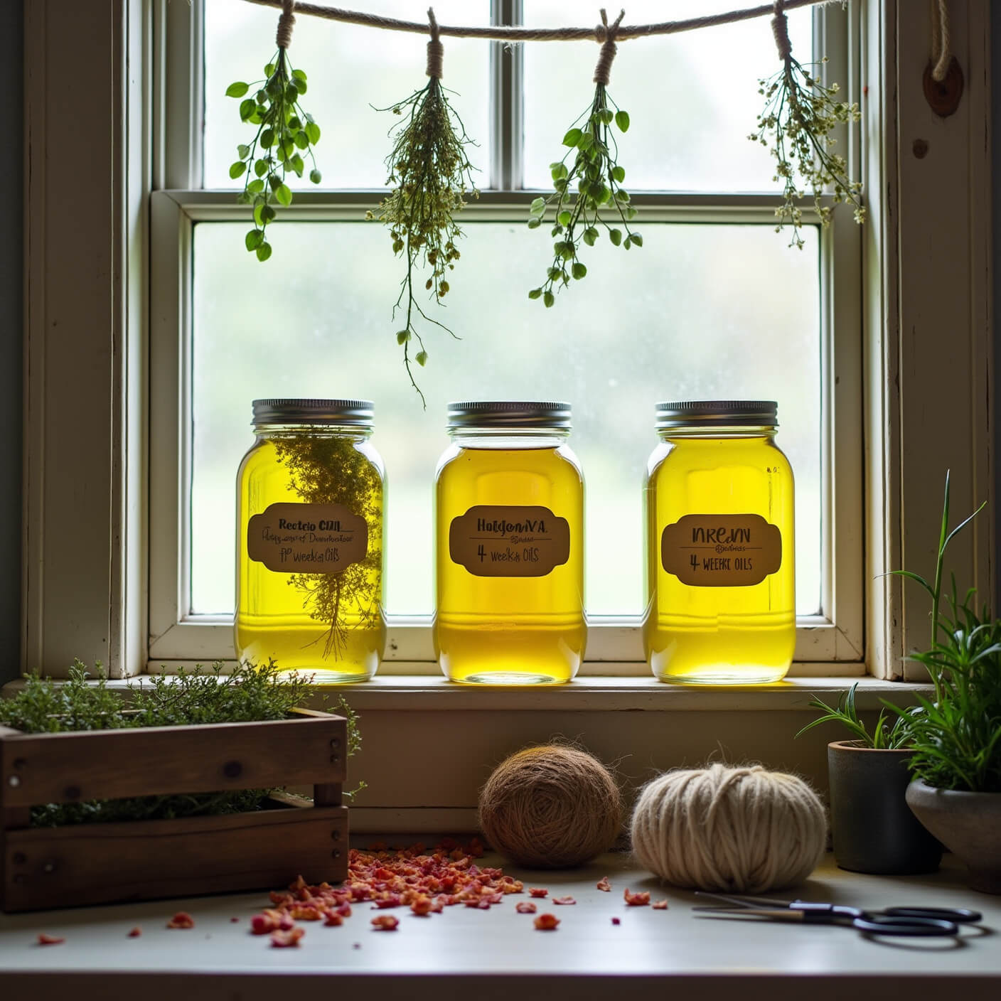 Three mason jars of herb-infused oils at different stages on a farmhouse windowsill, with dried herbs hanging above, fresh herbs in an apple crate below, and garden tools scattered nearby, lit by soft window light.