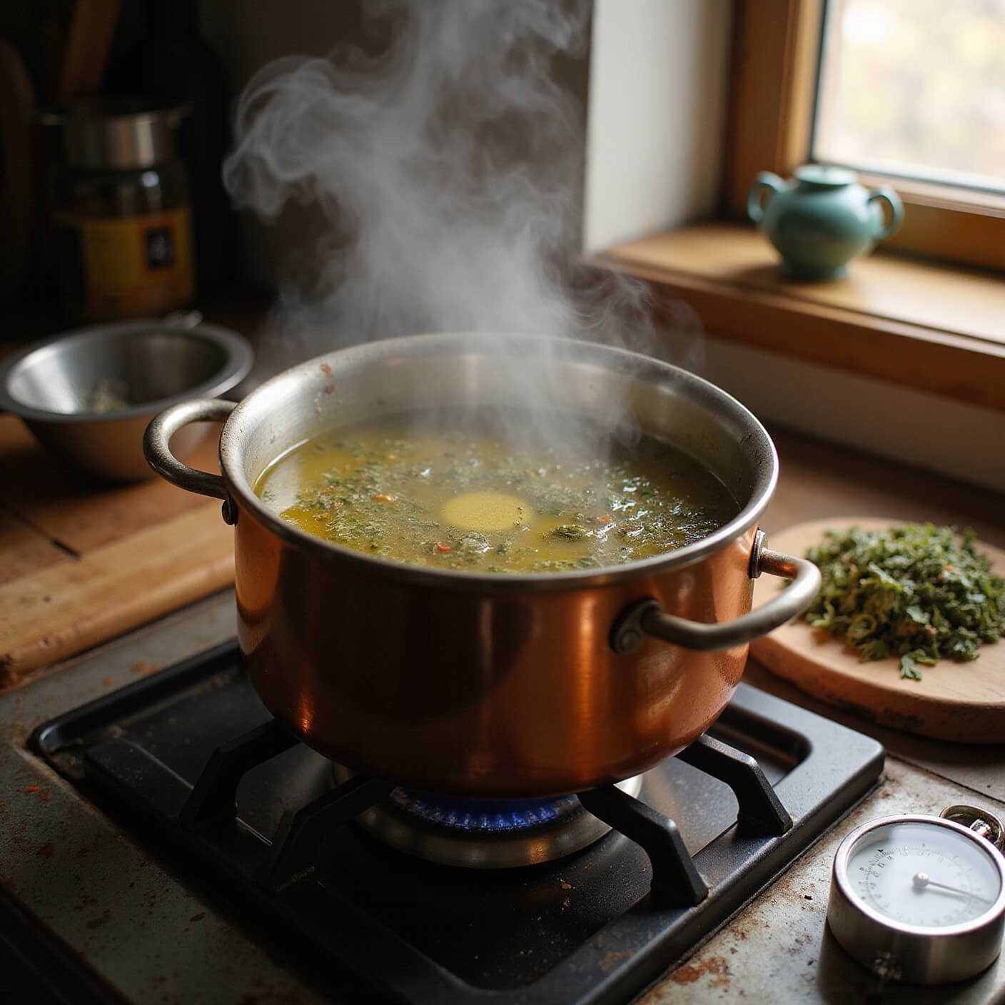 Close-up of hot infusion process with double boiler on vintage stove, steam rising, thermometer showing temperature, herbs swirling in golden oil, and preparation tools like chopped herbs, strainer, funnel, and timer under warm lighting.