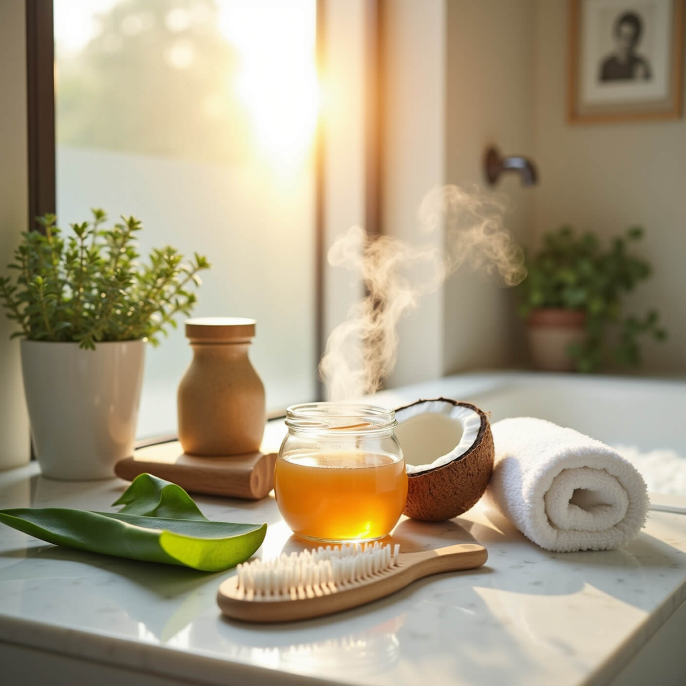 Sunlit modern bathroom with natural scalp remedies on a white marble counter, including aloe vera, coconut oil, apple cider vinegar, and a wooden brush, with steam rising from a towel and eucalyptus plants nearby.
