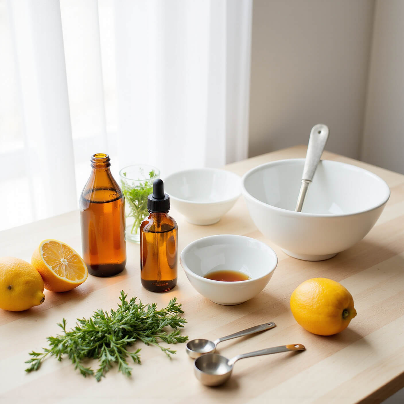Overhead view of a bright kitchen countertop with white bowls, amber glass bottles, measuring spoons, fresh herbs, and citrus fruits arranged for apple cider vinegar rinse preparation.