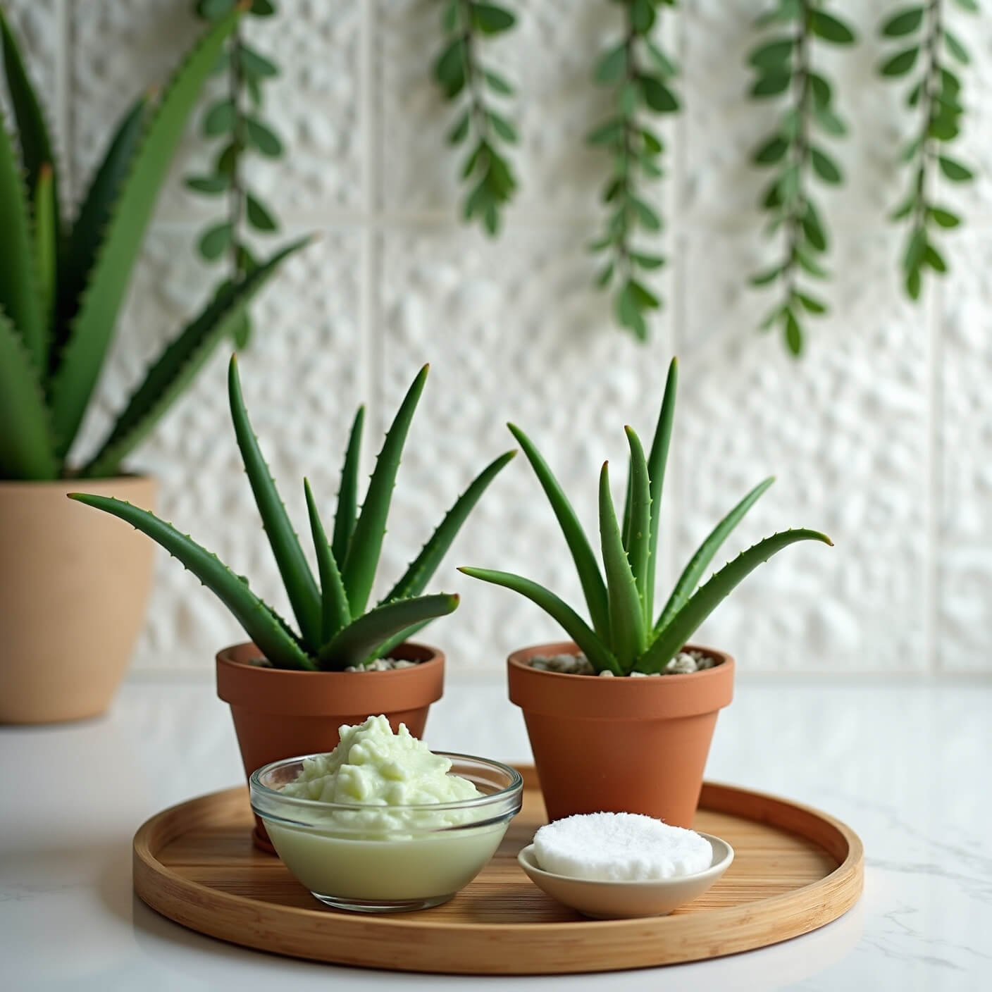Spa-like bathroom corner with aloe vera plants in terracotta pots, glass bowls, and cotton rounds on a bamboo tray; white textured tiles and hanging eucalyptus in natural mid-morning light.
