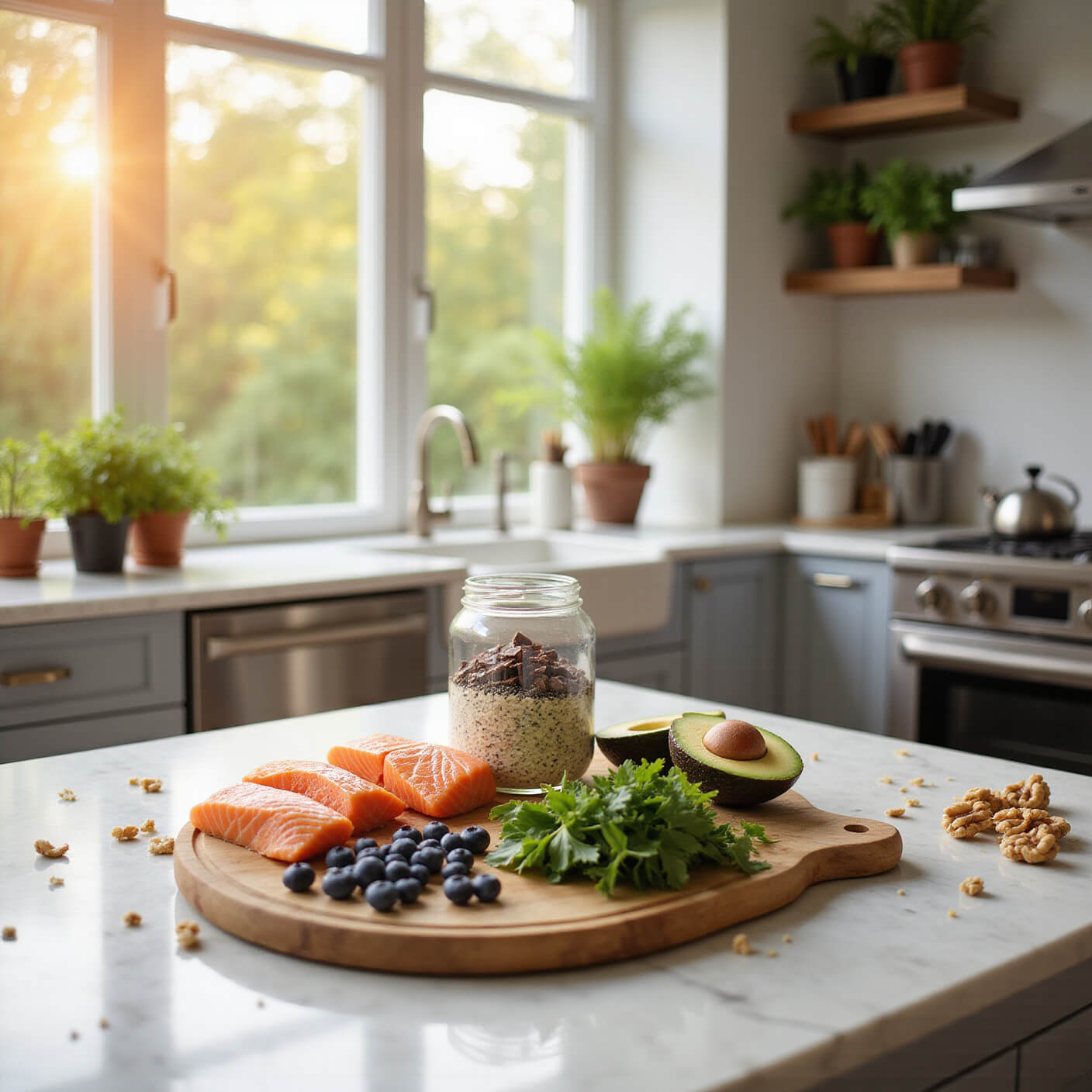 Bright modern kitchen at morning golden hour with fresh brain-boosting foods like salmon, blueberries, walnuts, leafy greens, avocados, and dark chocolate on a marble island; natural light, potted herbs, and stainless steel appliances in background.