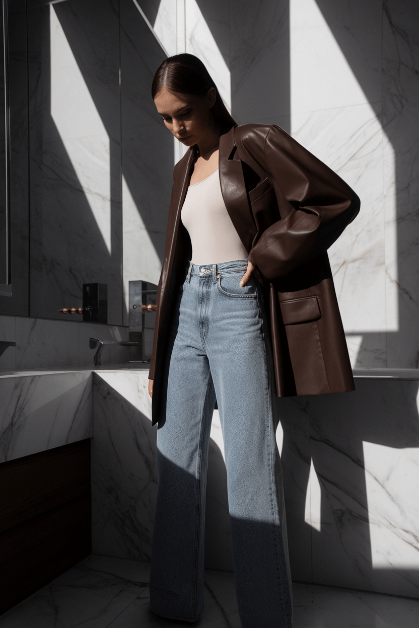 Fashion photographer captures outfit details in a modern bathroom with dramatic natural light; subject wears high-waisted jeans, white bodysuit, and oversized brown leather blazer, with marble countertops and minimal decor.