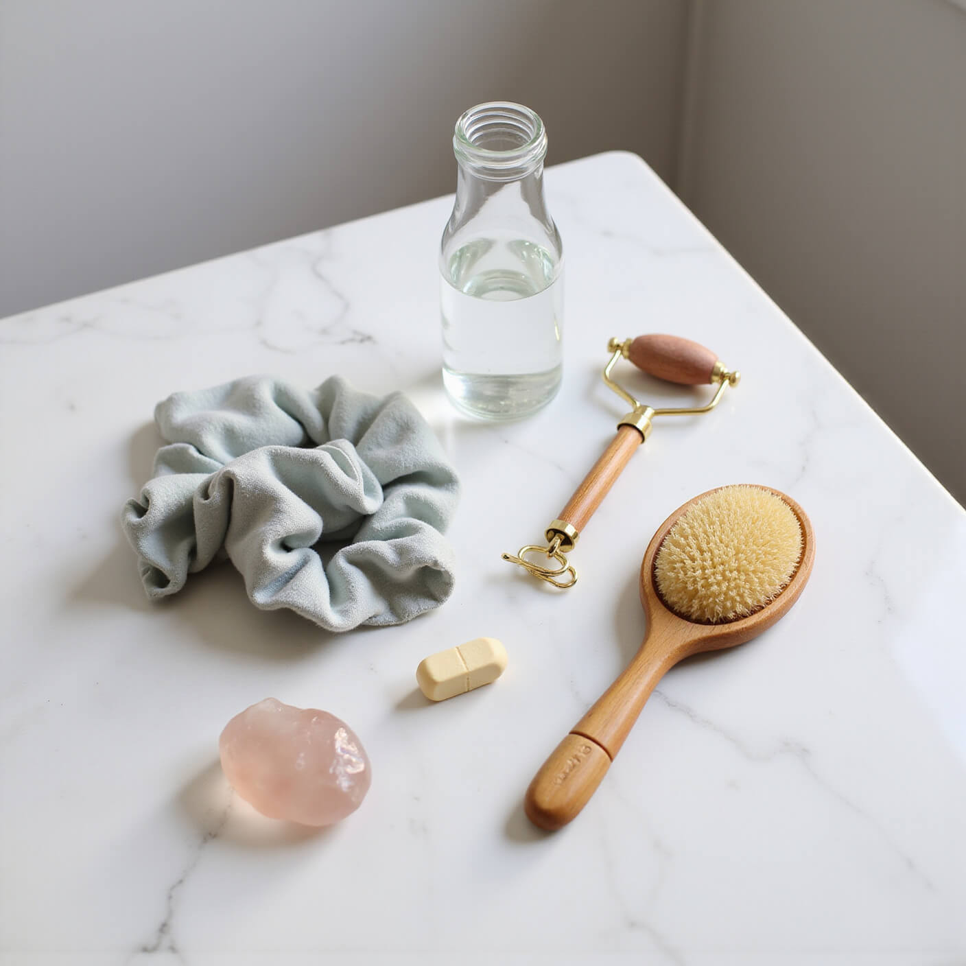 Minimalist vanity at dawn with marble surface featuring glass water bottle, supplements, silk scrunchies, wooden brushes, rose quartz roller, and gua sha tools in serene morning light.