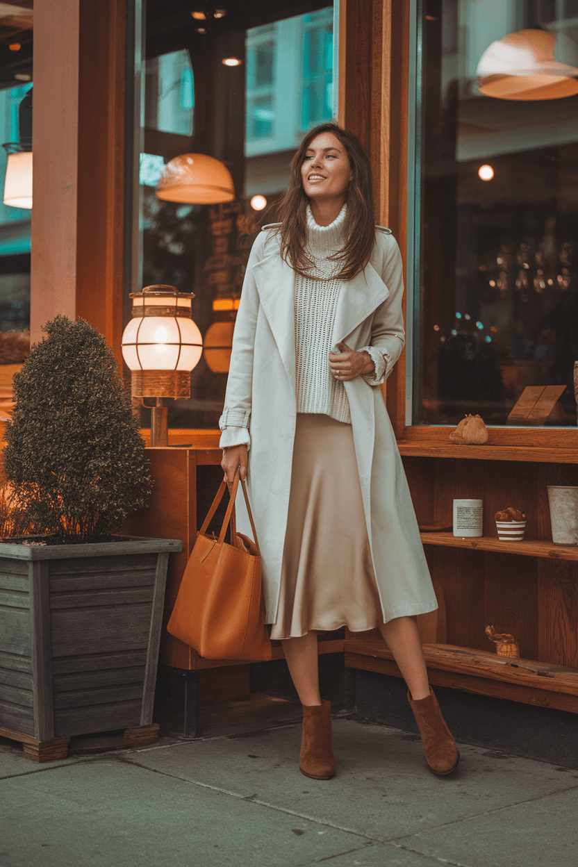 Woman in a cozy coffee shop corner on an autumn afternoon, wearing a beige trench coat over a cream knit sweater and midi slip skirt, with brown suede ankle boots and a leather tote, surrounded by warm cafe lighting and natural window light.