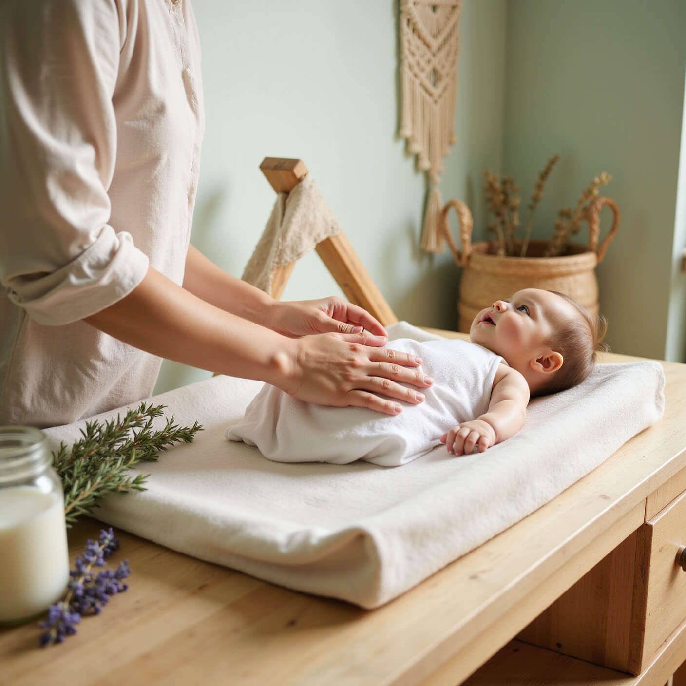 Parent's hands gently applying coconut oil to baby's skin on a plush changing table, surrounded by muslin cloths, a glass jar of coconut oil, and dried lavender, in a sunlit nursery with pale mint walls and natural decor.