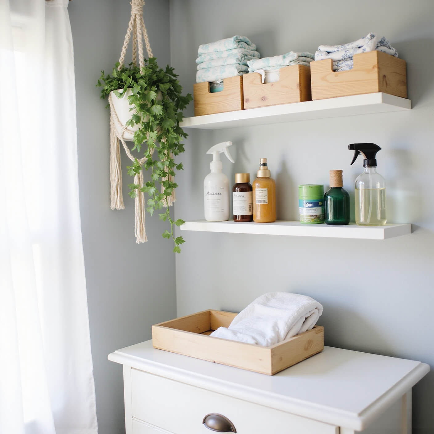 Organized diaper changing station with cloth diapers, natural wipes, wooden boxes, glass spray bottle, and hanging plant against soft grey wall.