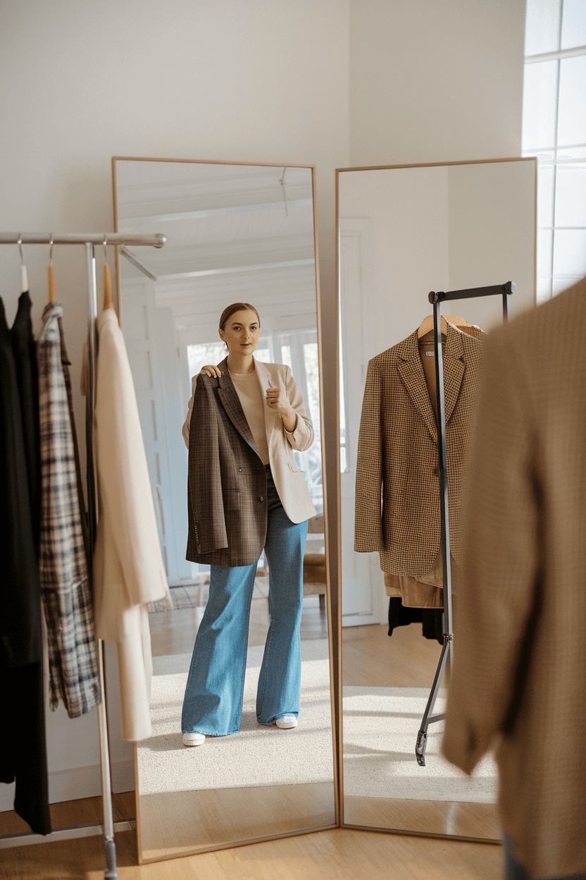 Fashion consultant in bright home office shows styling mistakes and solutions with split-screen; features tailored blazer, straight-leg trousers, and pointed-toe flats against clean white walls and natural light.