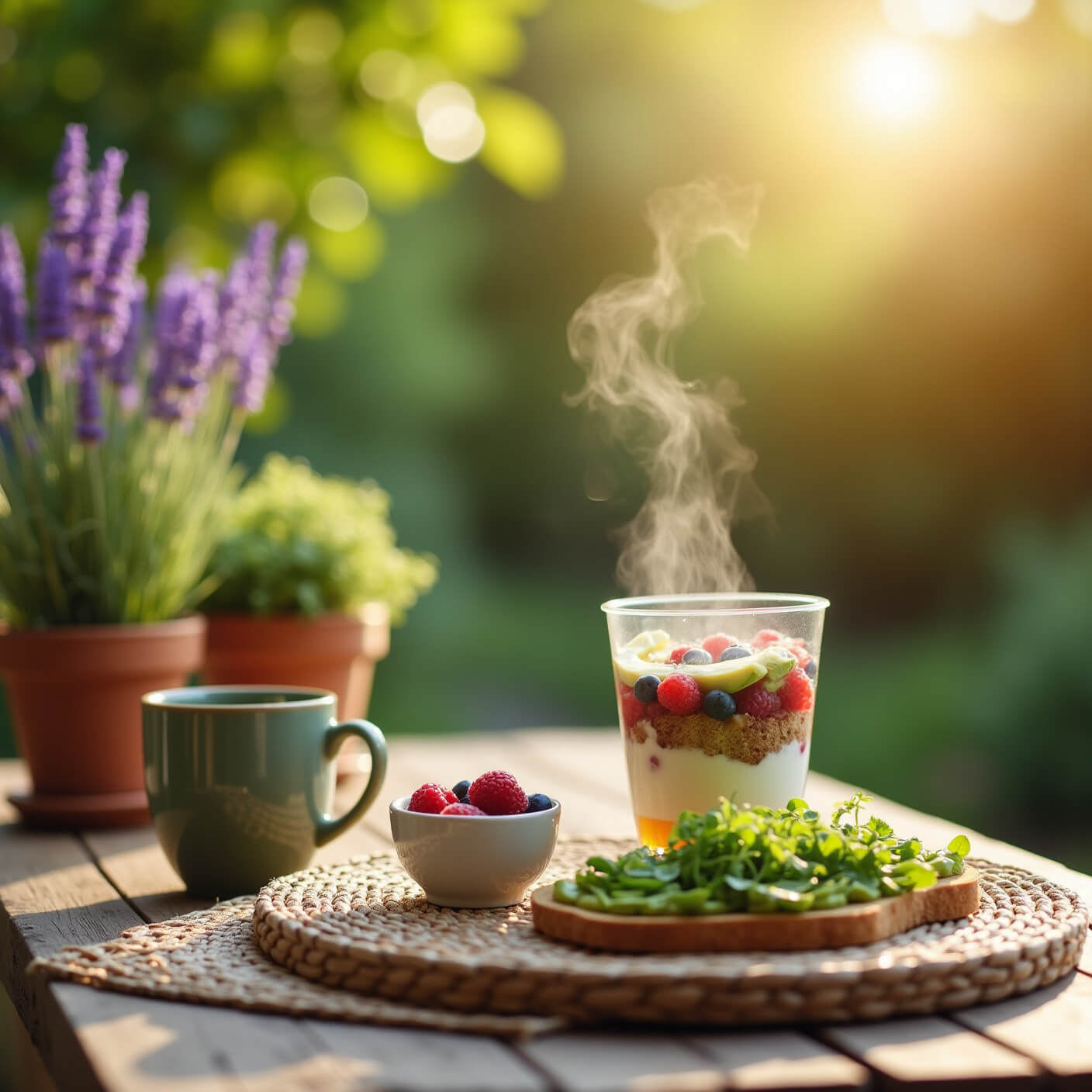 Rustic outdoor patio breakfast with green tea, berry yogurt parfait, and avocado toast on a wooden table, surrounded by lavender plants and soft garden background.