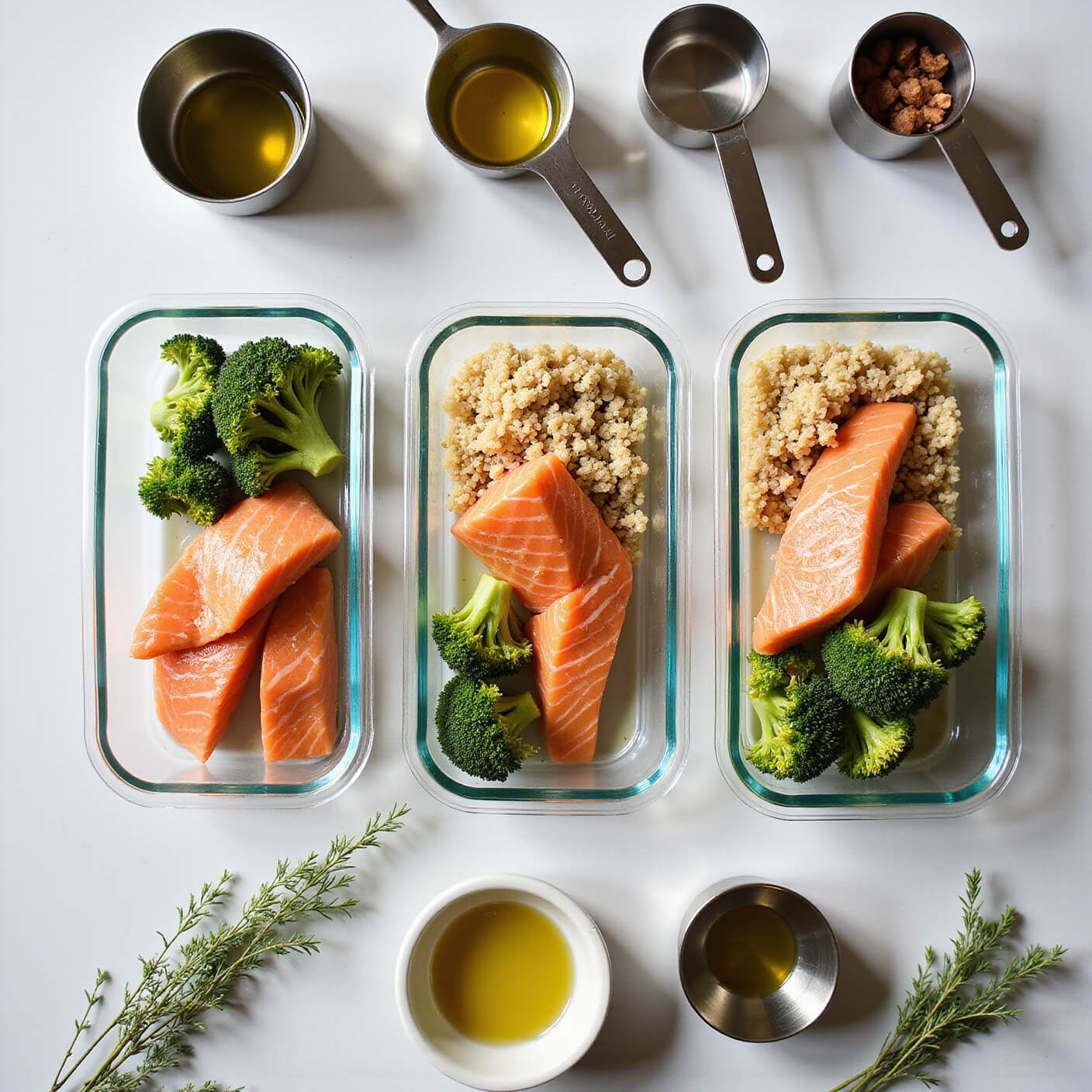 Overhead view of a professional kitchen counter with neatly organized meal prep: glass containers filled with salmon, quinoa, and roasted broccoli, surrounded by measuring cups, olive oil, fresh herbs, and stainless steel bowls of ingredients in clean afternoon light.