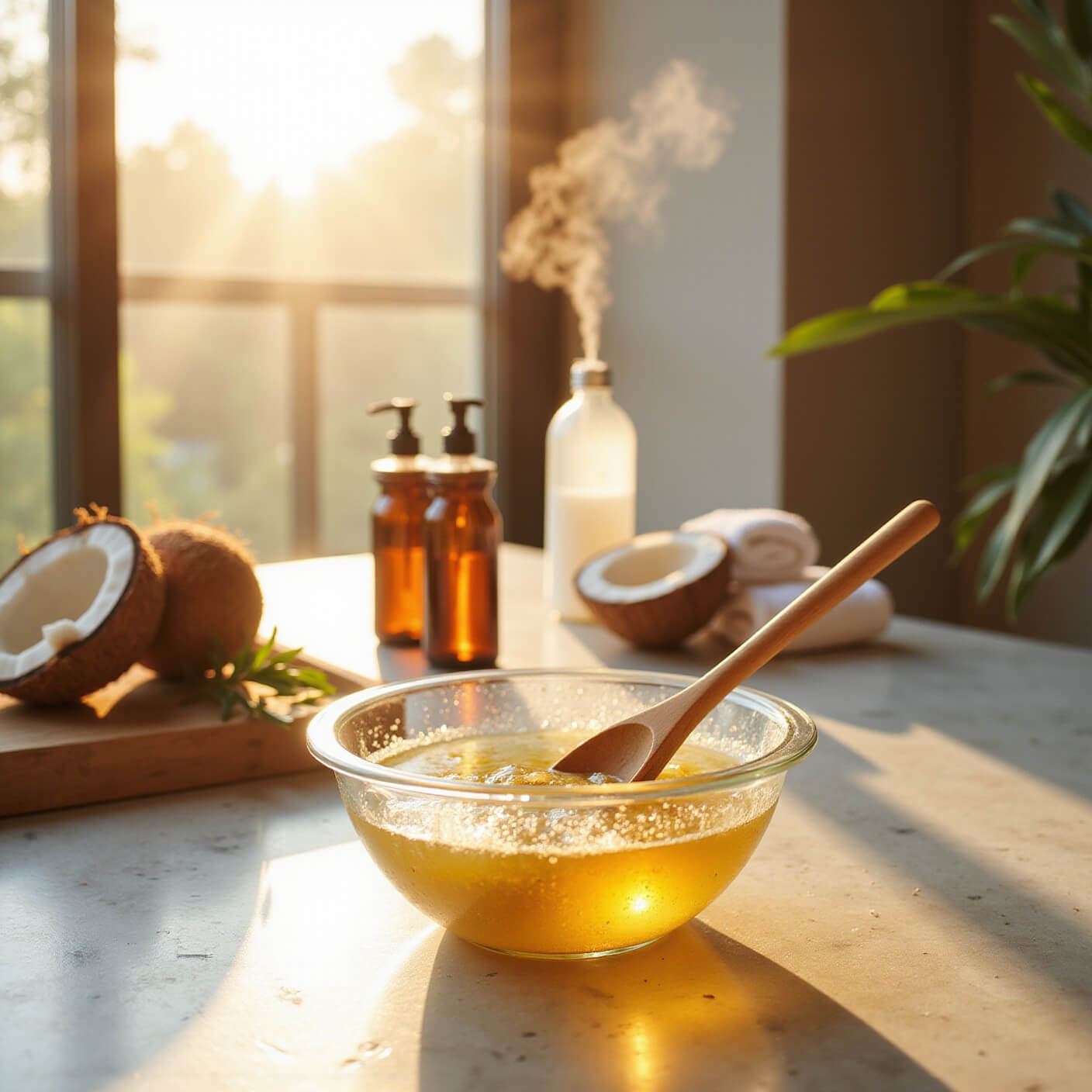 Sunlit modern bathroom counter with glass bowl of coconut oil being mixed, surrounded by coconuts, towels, and amber bottles on marble surface, with steam in background.