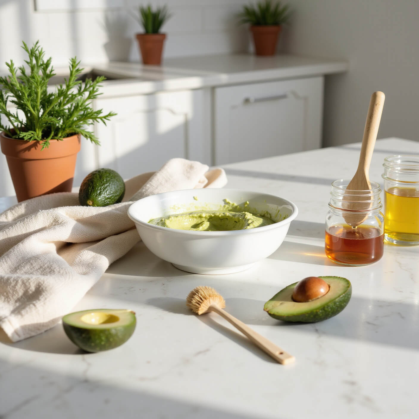Avocado hair mask preparation on a marble kitchen island with mashed avocado, honey jar, oils, and natural decor in soft morning light.