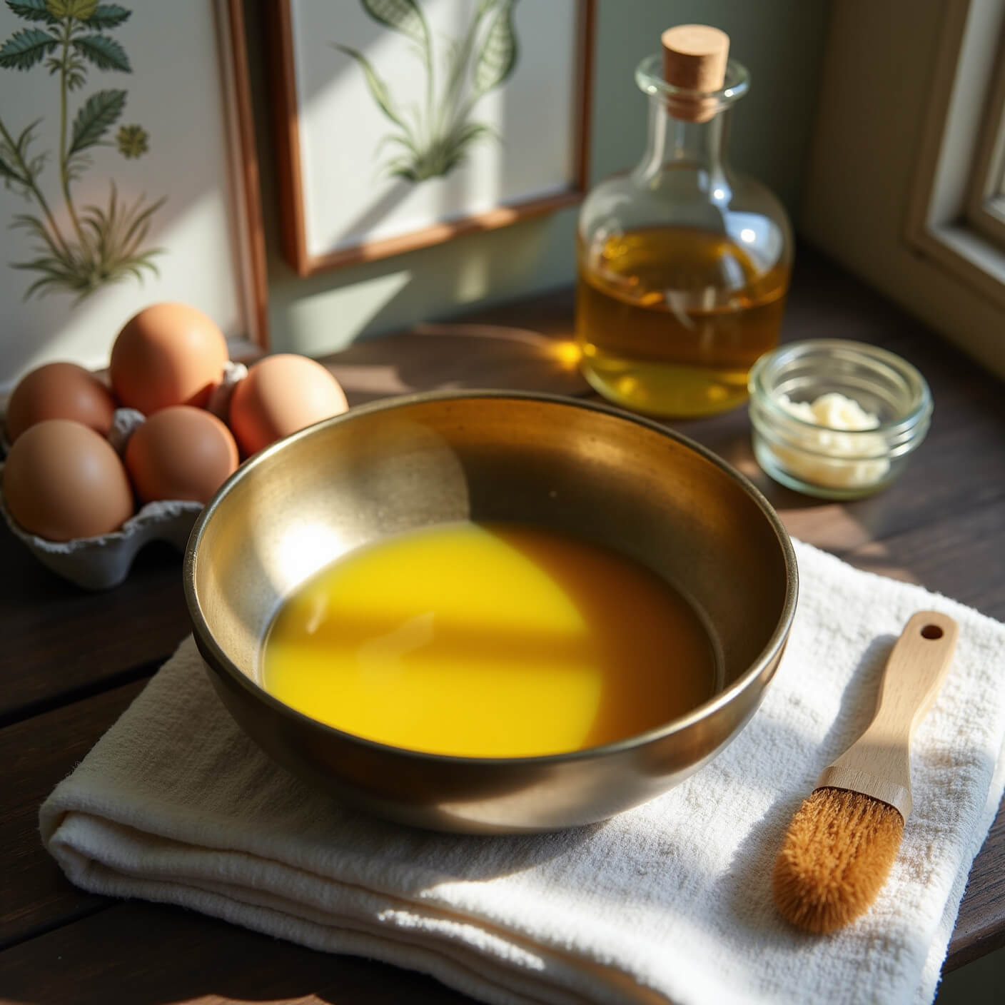 Overhead view of a rustic vanity scene with a brass bowl of whisked egg yolks and olive oil, fresh eggs in a ceramic holder, vintage glass oil bottle, natural cotton towels, and a bristle brush on weathered wood, with botanical prints in the background.