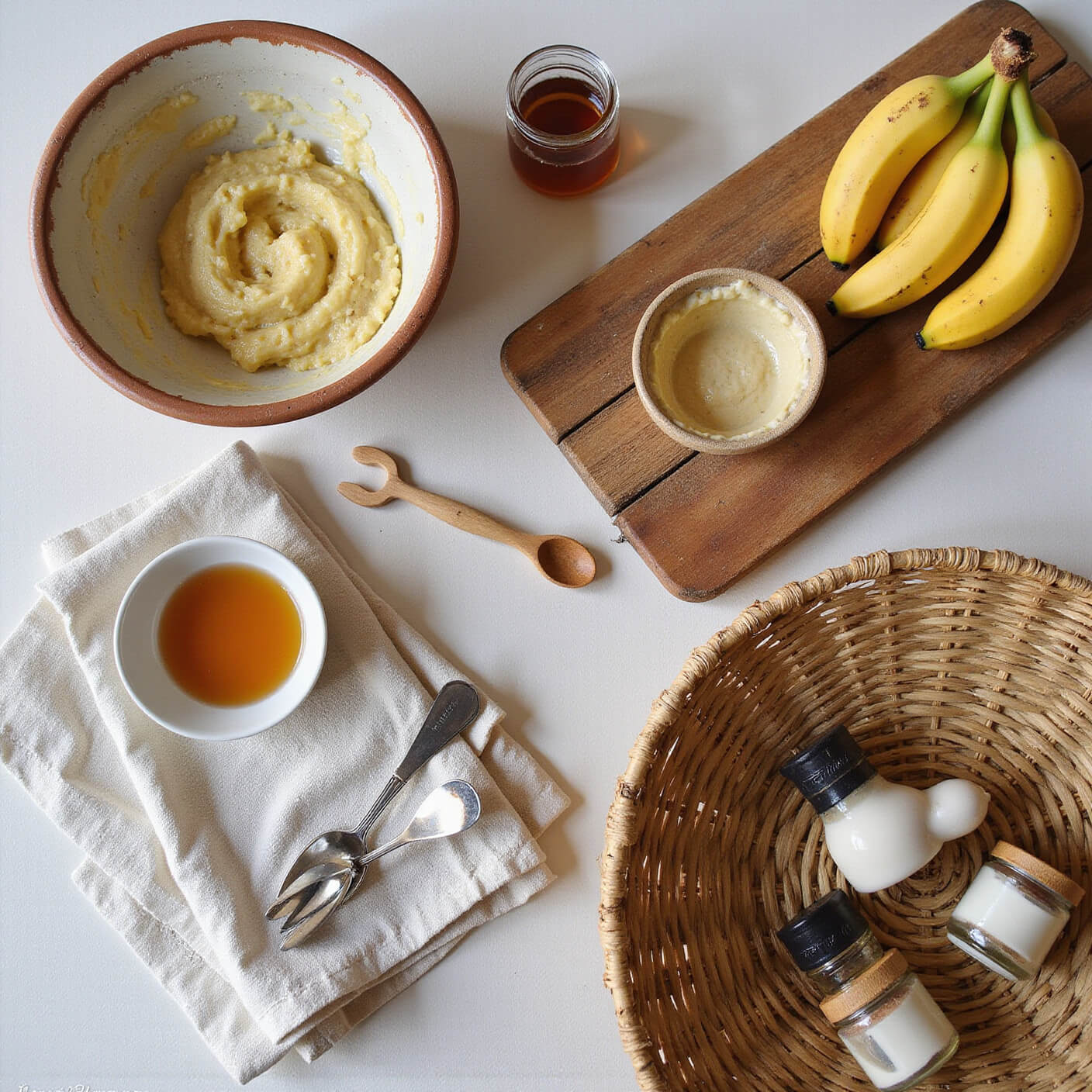 Overhead view of a rustic kitchen setup with mashed banana in an earthenware bowl, fresh bananas, honey jar, measuring spoons on a wooden board, and a woven basket holding ingredients, a linen hair wrap, and ceramic containers, all bathed in bright morning light.
