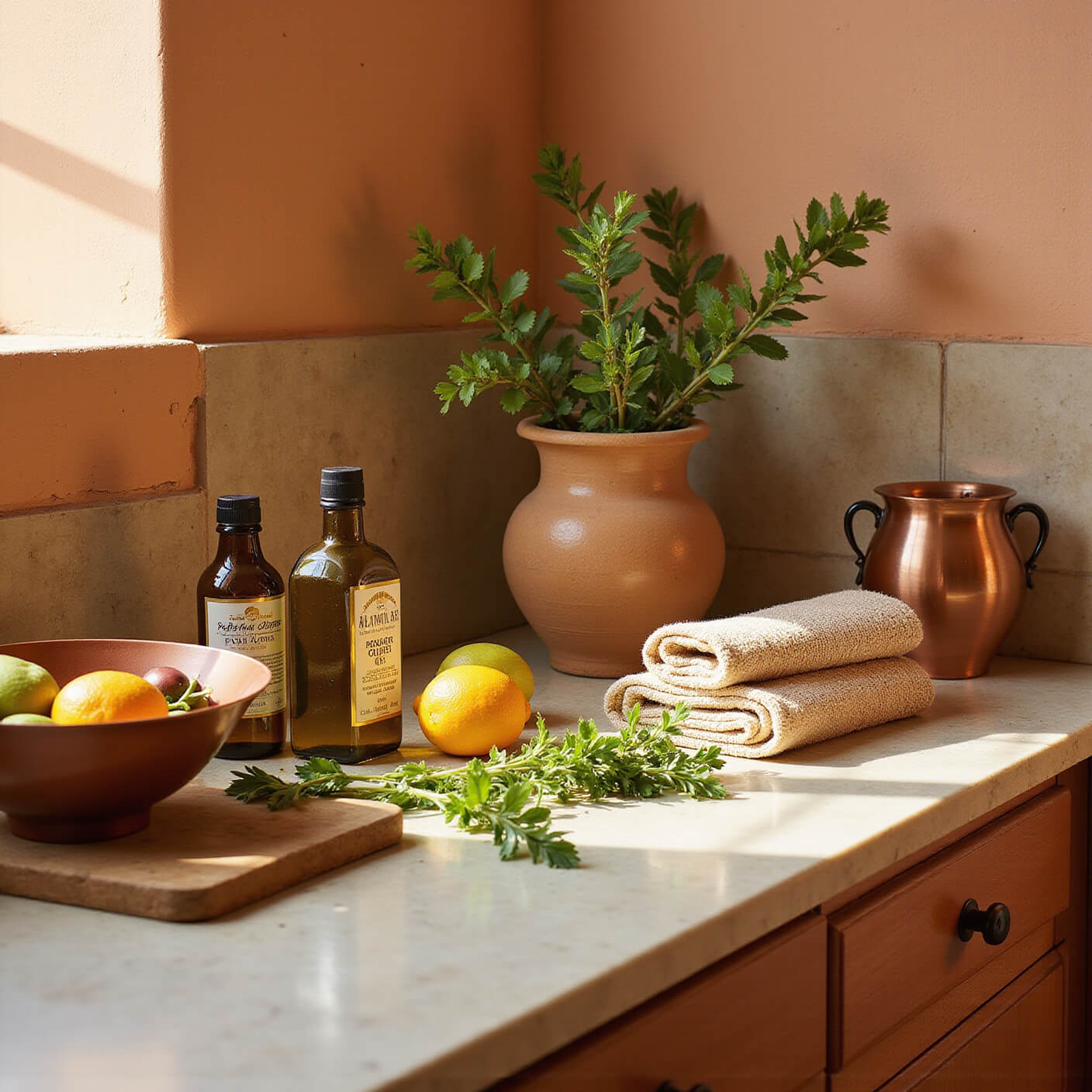 Mediterranean-style kitchen with amber glass olive oil bottles, copper bowl, handwoven towels, ceramic vessels, herbs, and citrus on limestone counter, bathed in golden hour light against terra cotta tiles and plaster walls.