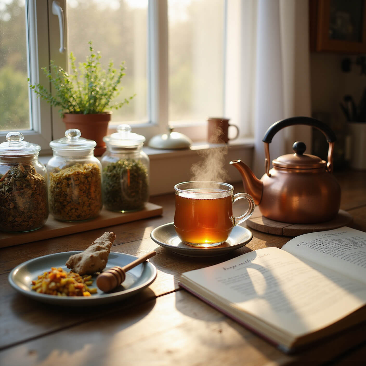 Cozy tea station at dawn with steaming copper kettle, fresh ginger tea in ceramic mug, glass jars of dried herbs, potted herbs, and open recipe journal on rustic wooden countertop.