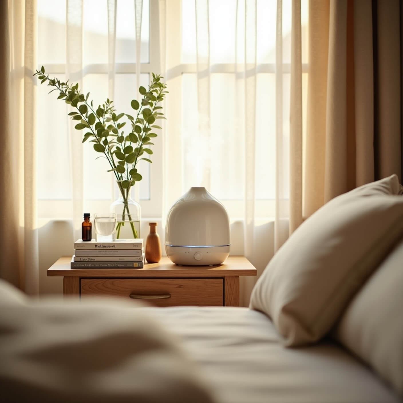 Cozy bedroom corner at dawn with misting white ceramic humidifier, eucalyptus in a vase, wellness books, essential oils, and a glass of water on oak nightstand, soft light through linen curtains.
