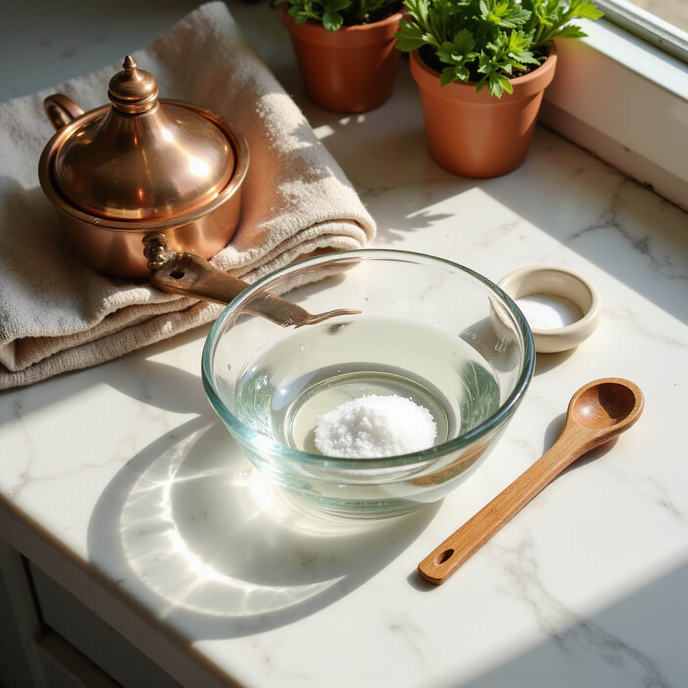 Overhead view of a sunlit marble kitchen counter with a glass bowl of saltwater, copper neti pot, organic cotton towels, ceramic measuring spoons, and fresh herbs in terracotta pots.