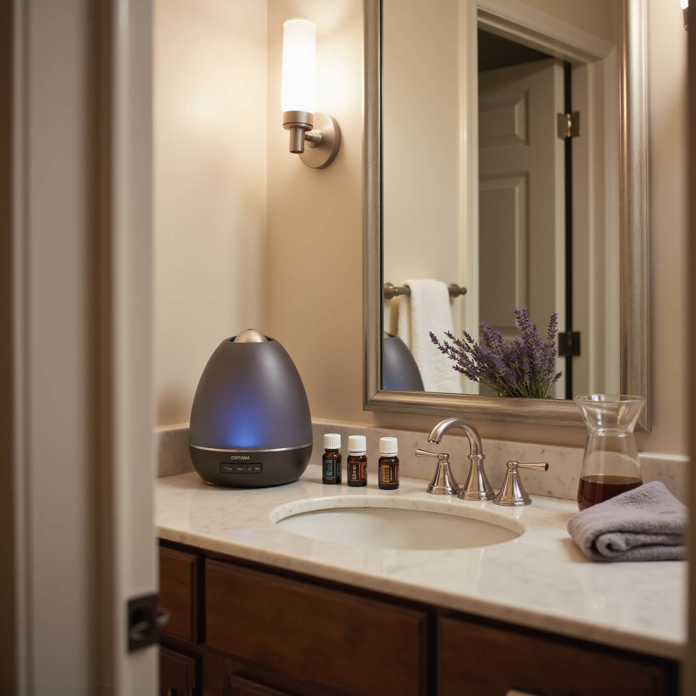 Master bathroom with marble counter featuring ultrasonic humidifier, essential oils, crystal carafe, organic face cloths, and dried lavender, softly lit by warm modern sconces.