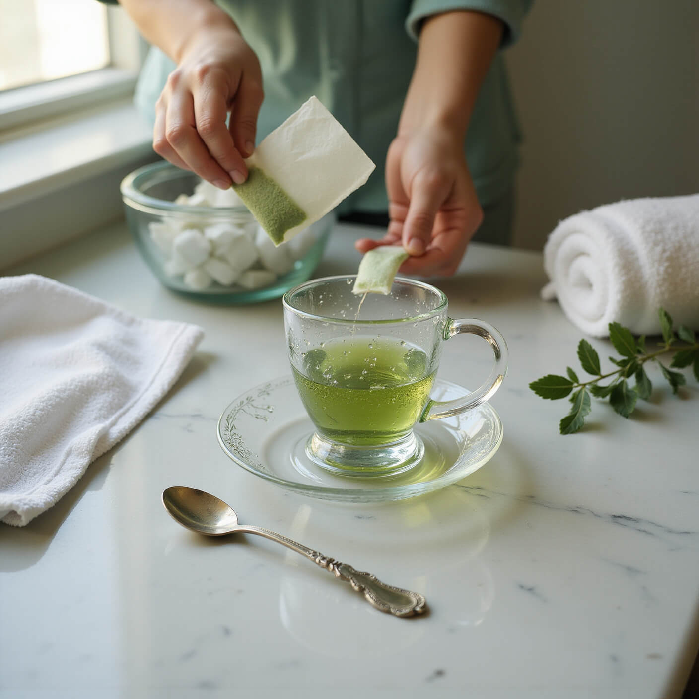 Hands preparing green tea bags on a white marble bathroom counter with a crystal tea cup, vintage spoon, ice bowl, rolled towels, and eucalyptus, bathed in cool dawn light.