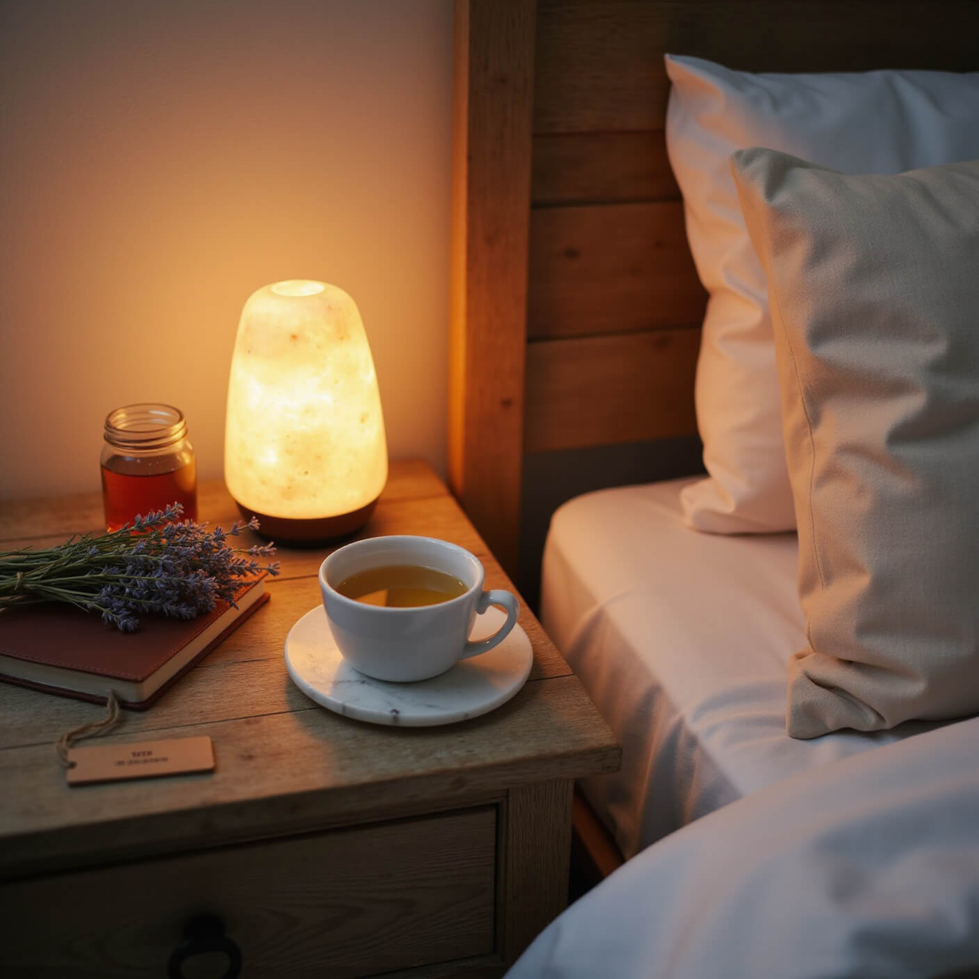 A cozy evening bedroom scene with chamomile tea steeping on a bedside table illuminated by a Himalayan salt lamp, surrounded by lavender, honey, and a sleep journal, with plush linens in the background.