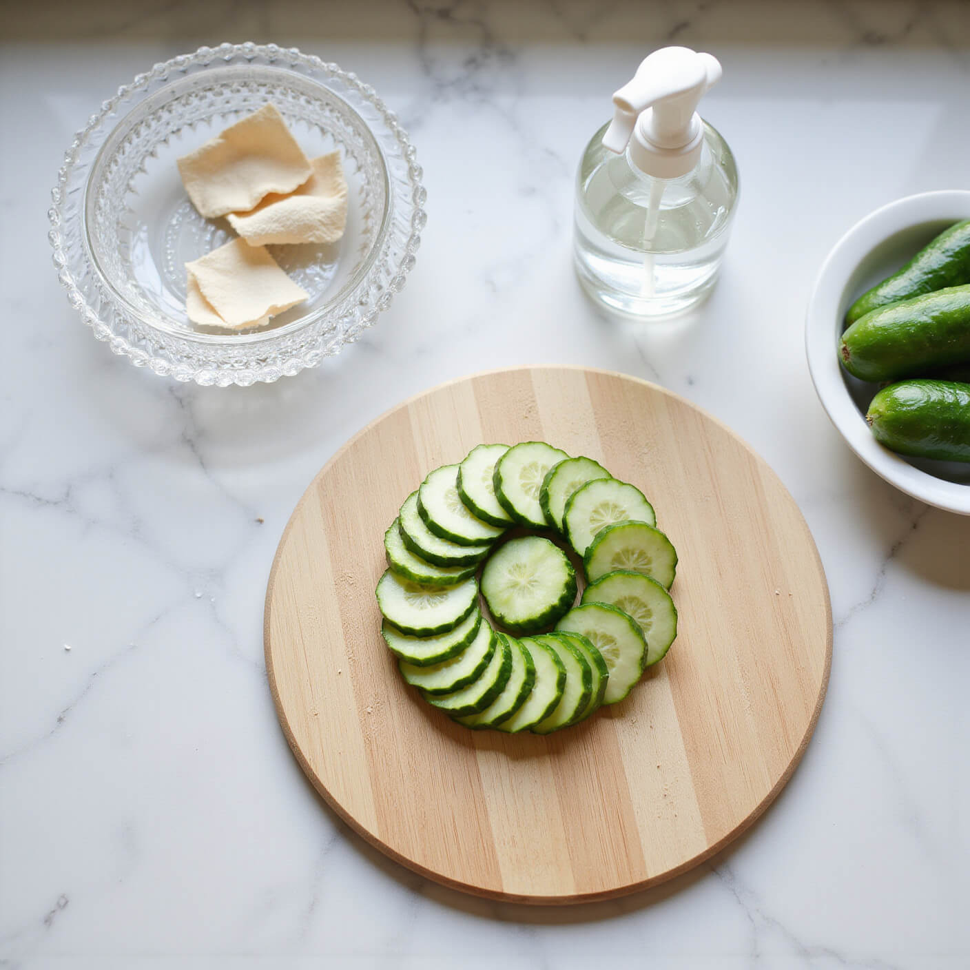 Overhead view of a bright, minimalist kitchen scene with sliced cucumbers arranged in a spiral on a wooden board, a crystal dish with water and cotton pads, and a glass spray bottle on a marble counter with scattered water drops.