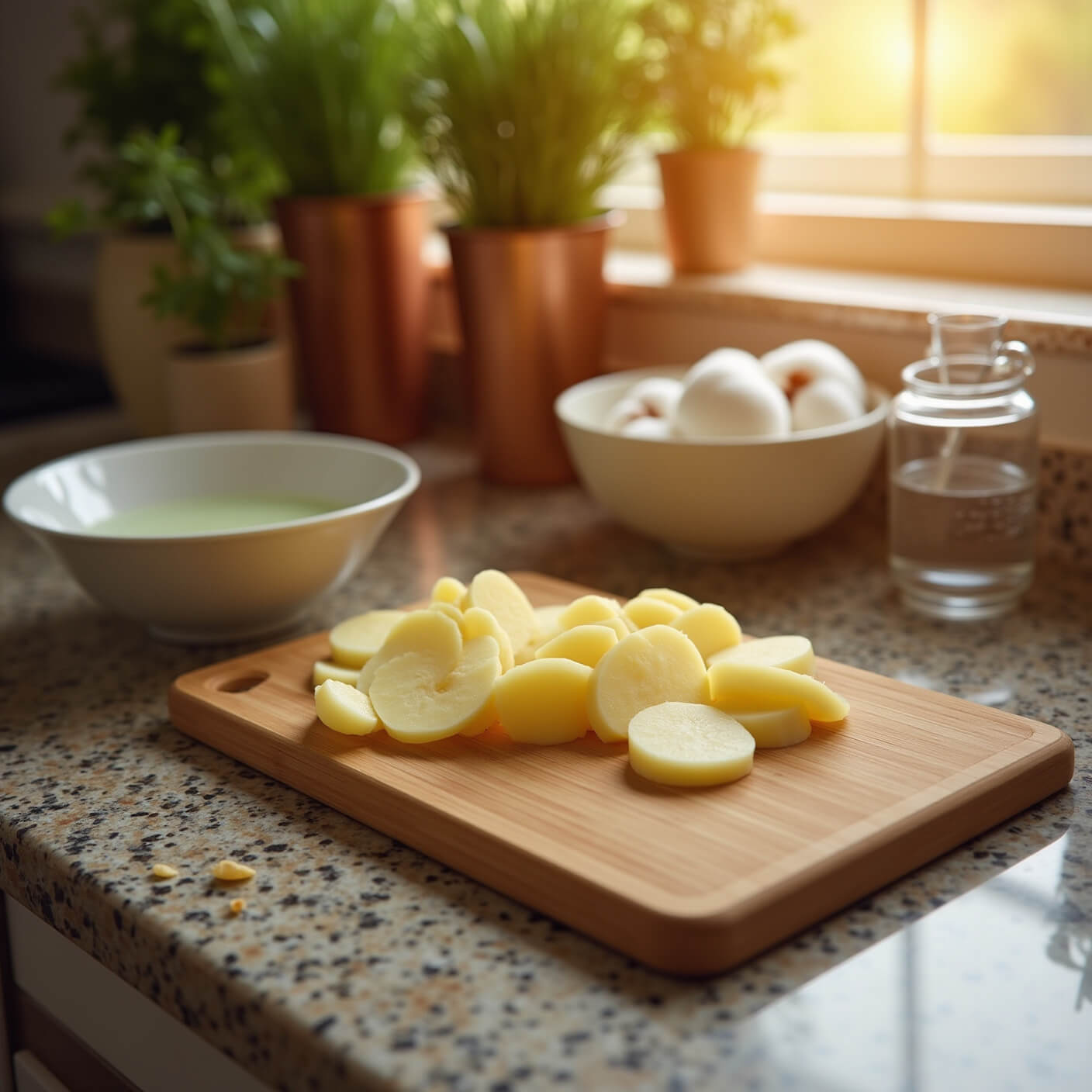 Sliced raw potato on bamboo board in golden-hour lit farmhouse kitchen, with rose water bowl, cotton rounds, glass container, and herbs in soft-focus copper planters.