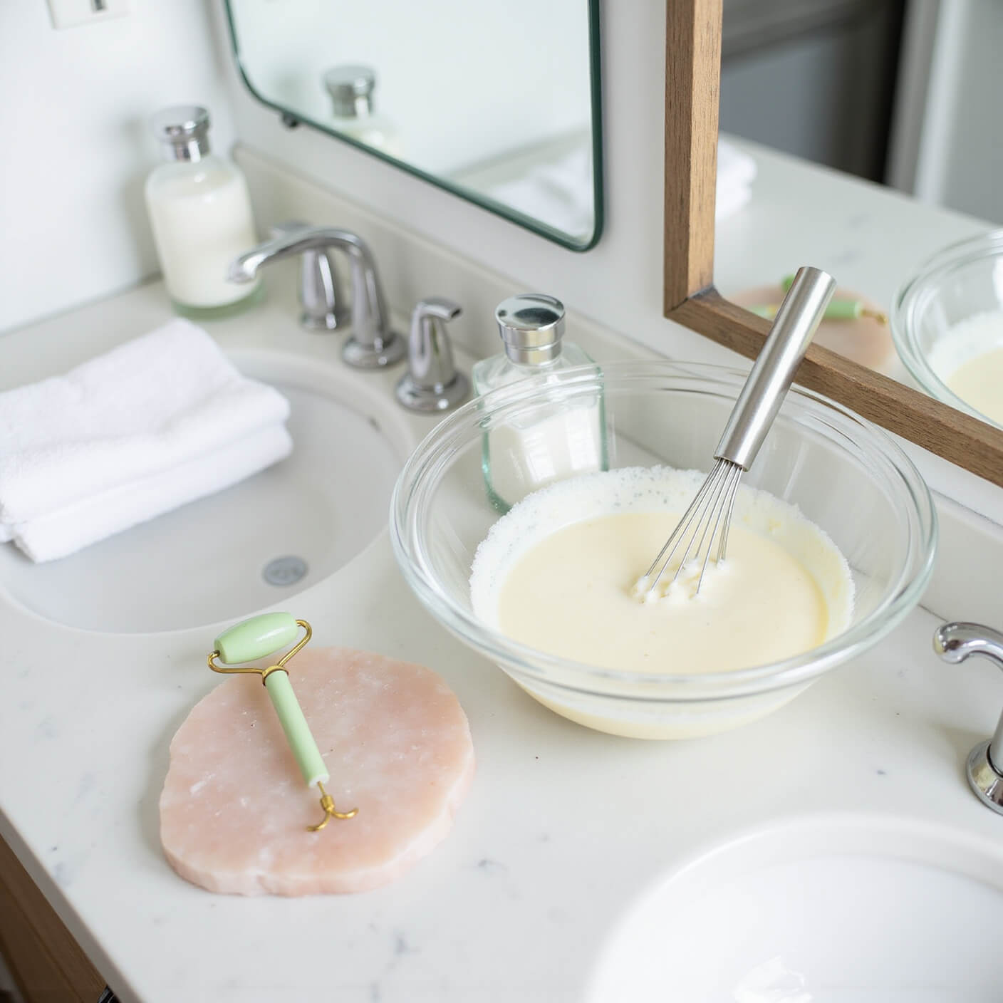 Glass bowl of egg whites being whisked on a marble bathroom counter with washcloths, jade roller on rose quartz dish, and minimalist containers in soft morning light.