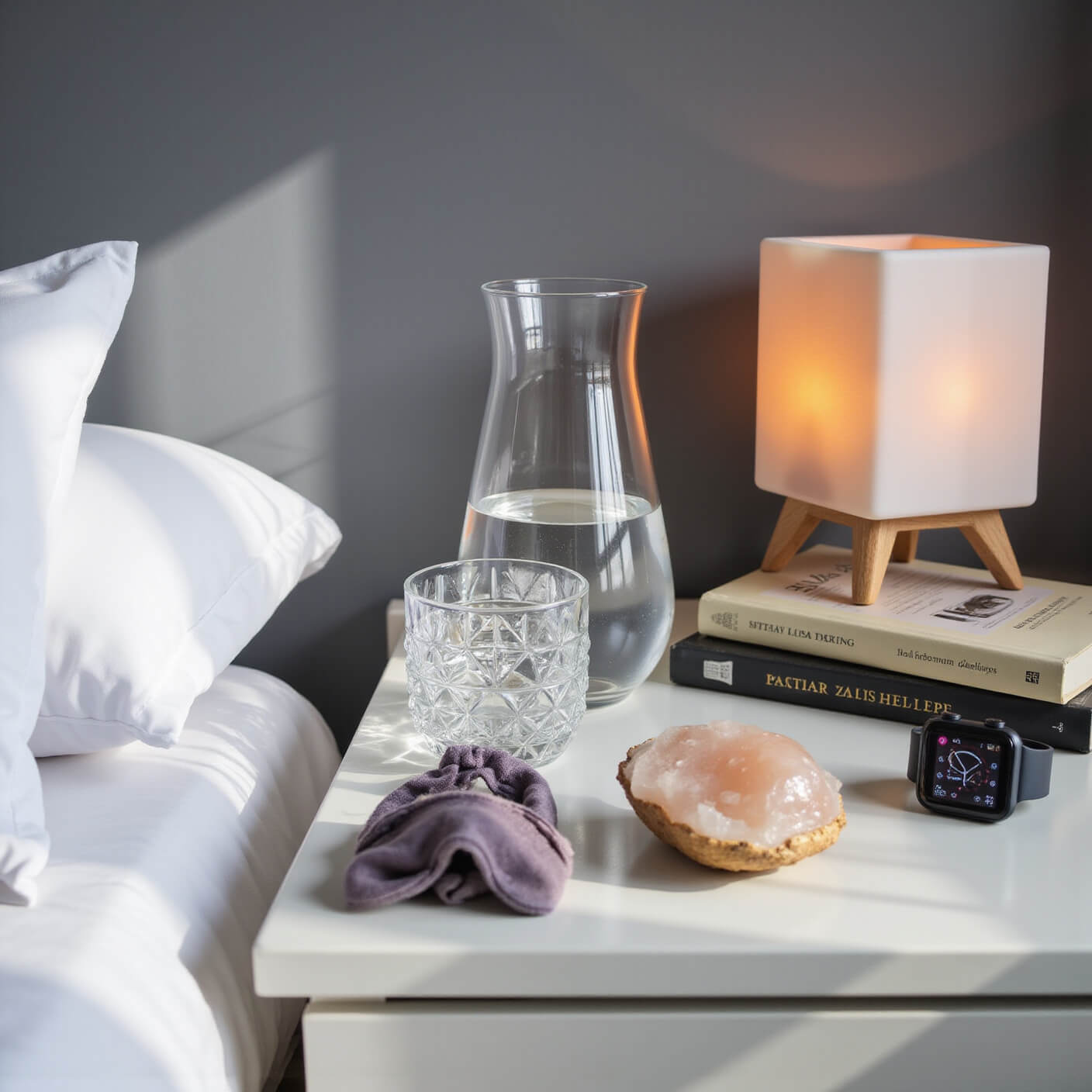 Nightstand with water carafe, glass, silk sleep mask, lavender sachet, stacked wellness books, and glowing Himalayan salt lamp; smart watch showing sleep data; white linens and morning light on cool grey walls.