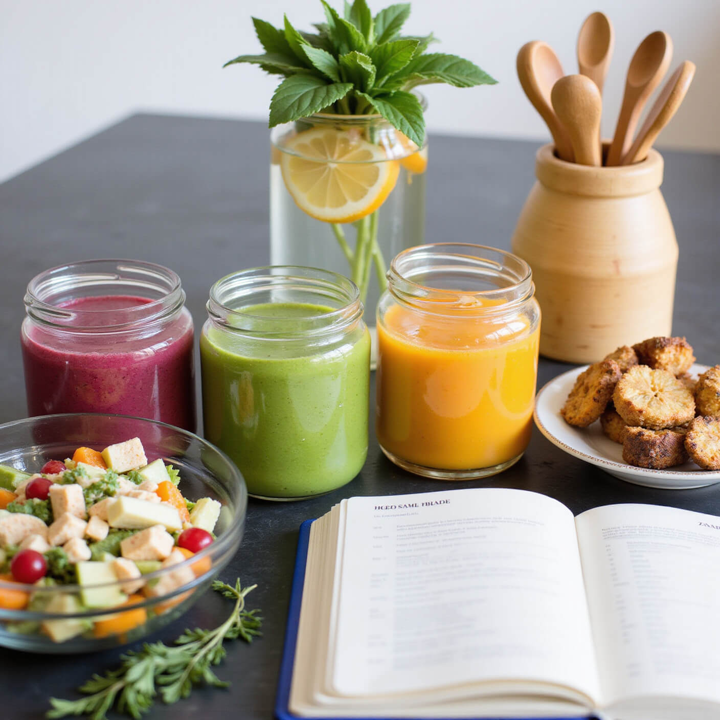 Modern kitchen with fresh produce, smoothies, salads, infused water, supplements, and herbs on a slate countertop, shot at a 45-degree angle.