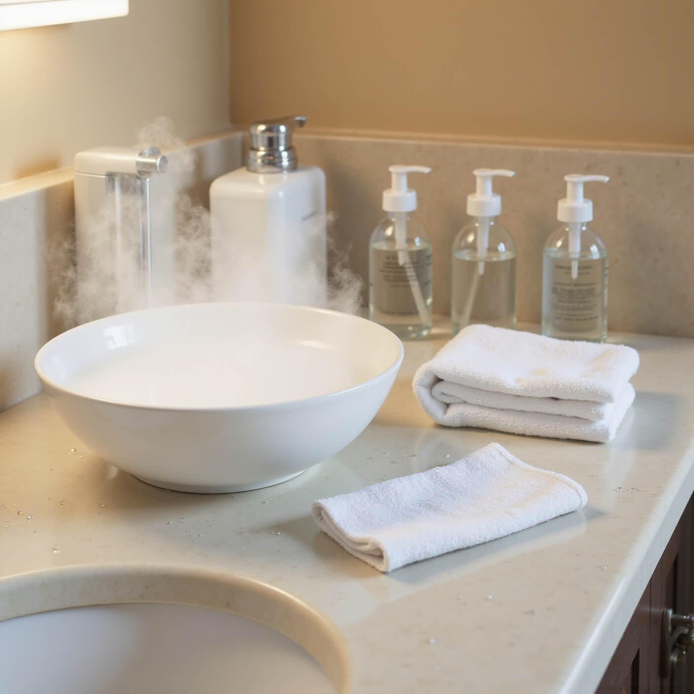Serene bathroom counter with a steaming white bowl, folded white washcloth, rows of clear eye drop bottles, marble surface with water droplets, soap dispenser, fresh towels, and warm beige walls.